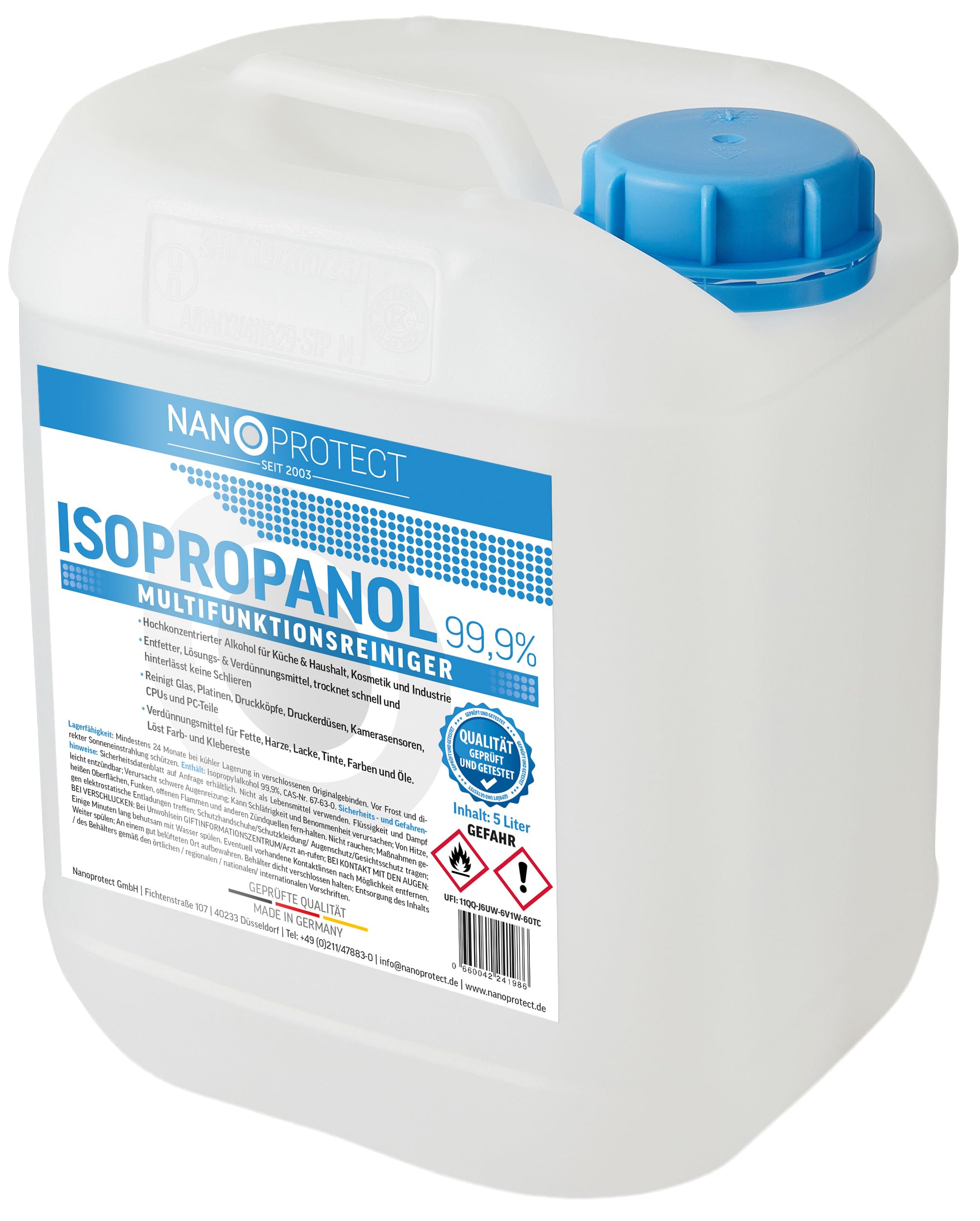 Nanoprotect Isopropanol 99,9% | 5 Liter Reiniger | Hochprozentiger Isopropylalkohol | IPA Reinigungsalkohol für Haushalt und Elektronik | Made in Germany