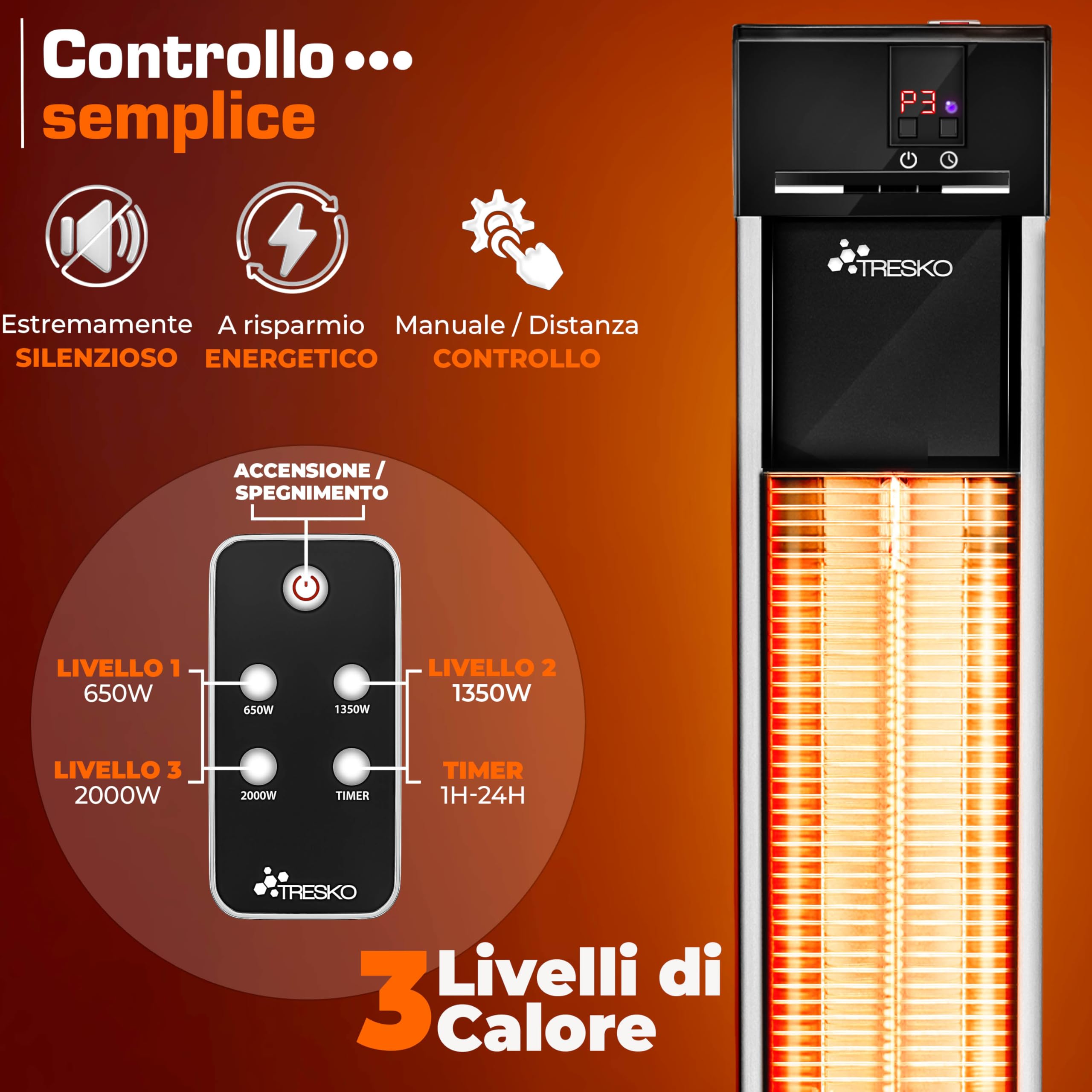TRESKO Stufa a Infrarossi 2000W Torre Telecomando 3 Livelli Calore Riscaldatore Elettrico da Terrazzo