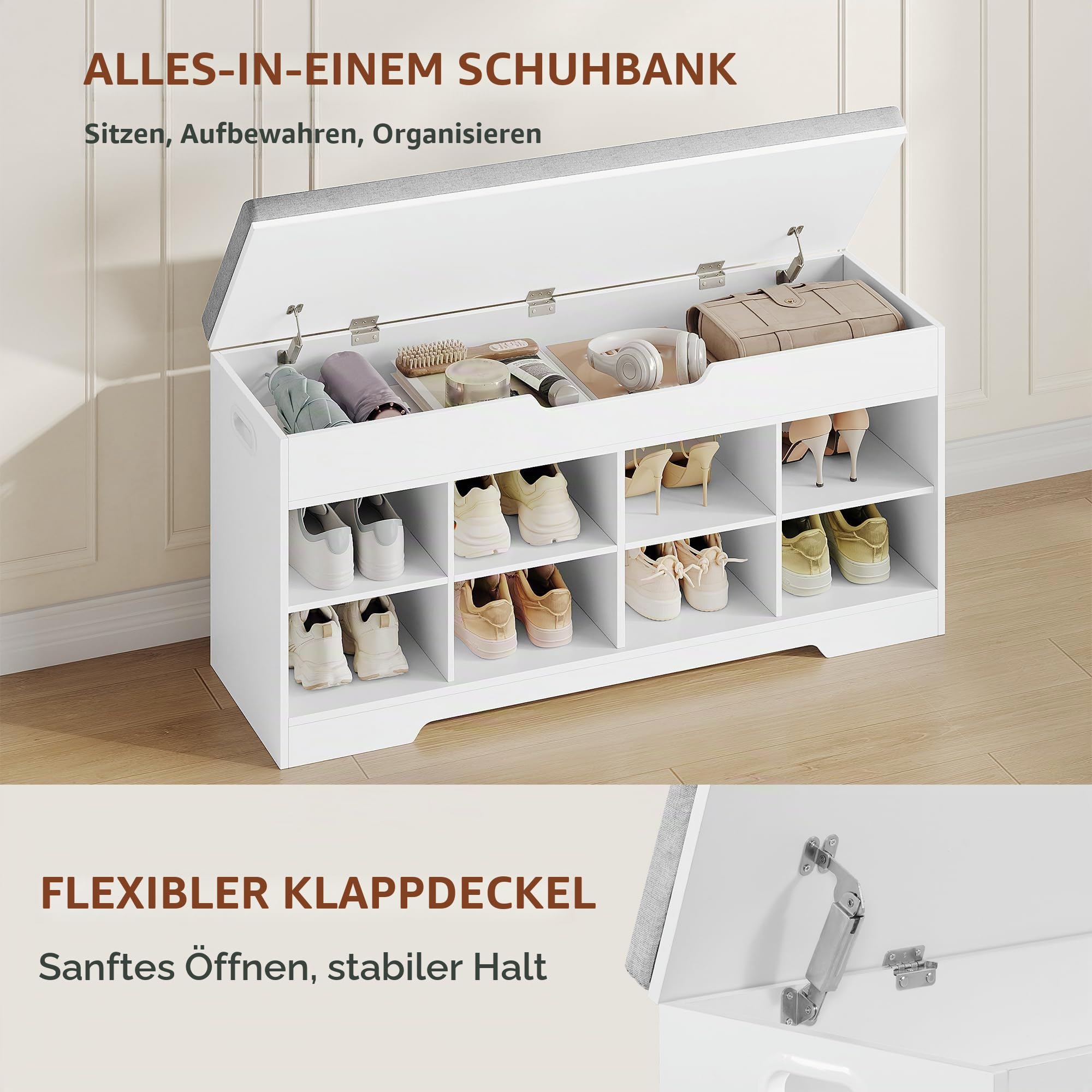 Sitzbank mit Stauraum, Schuhbank, 104 x 32 x 50 cm, Leinenweiß