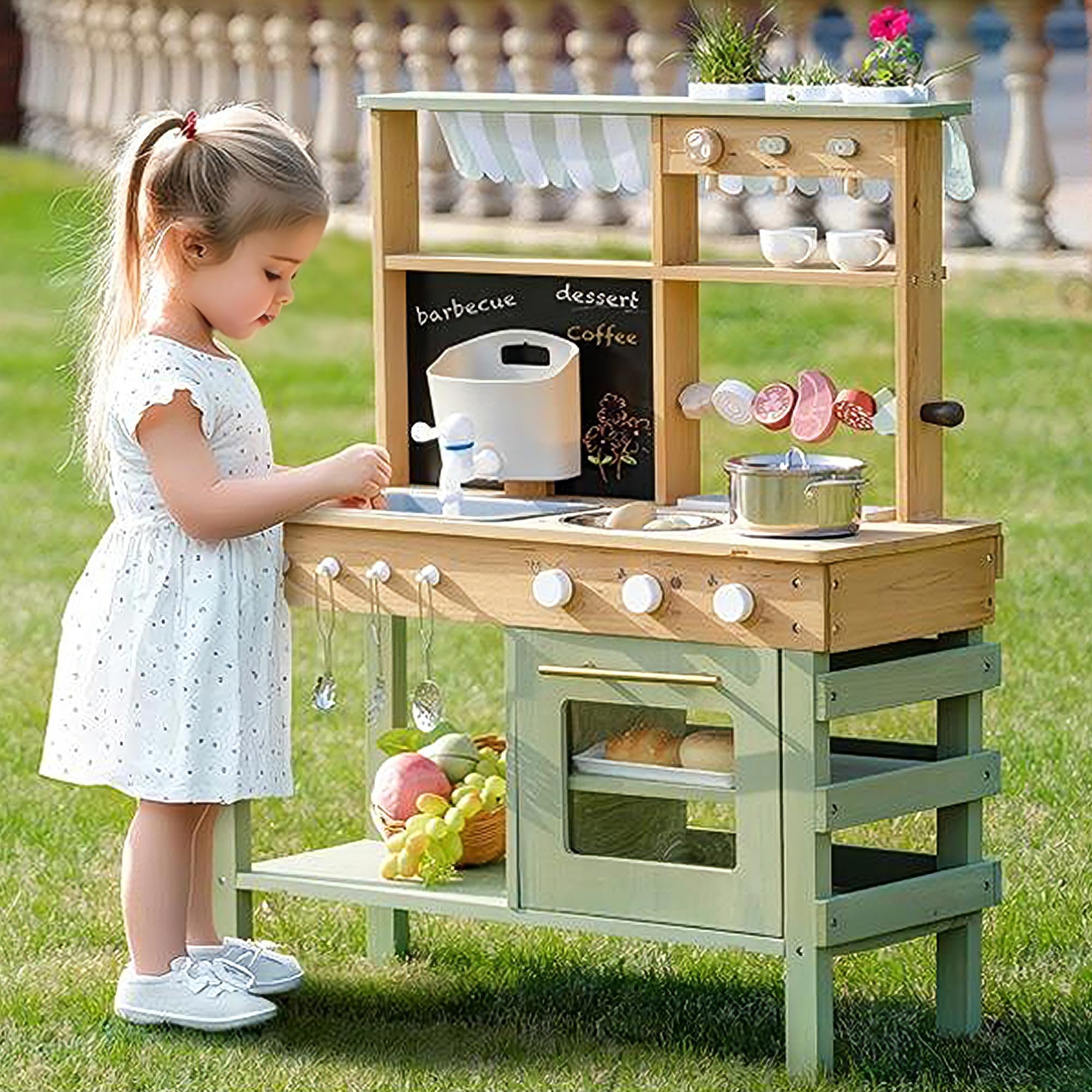 ROBOTIME Set da Cucina in Legno per Bambini, Cucina Esterna Deluxe con Rubinetto Funzionante, Lavagna, BBQ, Ampio Spazio di Stoccaggio, Lavandino da Giardino e Accessori da Cucina, Gioco di Ruolo per