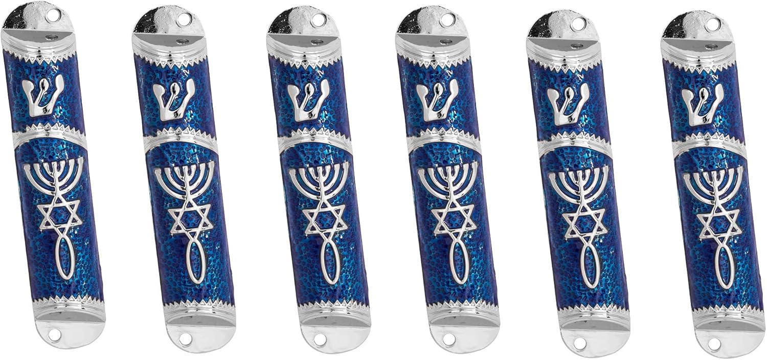 Set of 6 Enamel Door Mezuzah Scroll Case with Messianic Symbol Jewish (Blue with Silver)