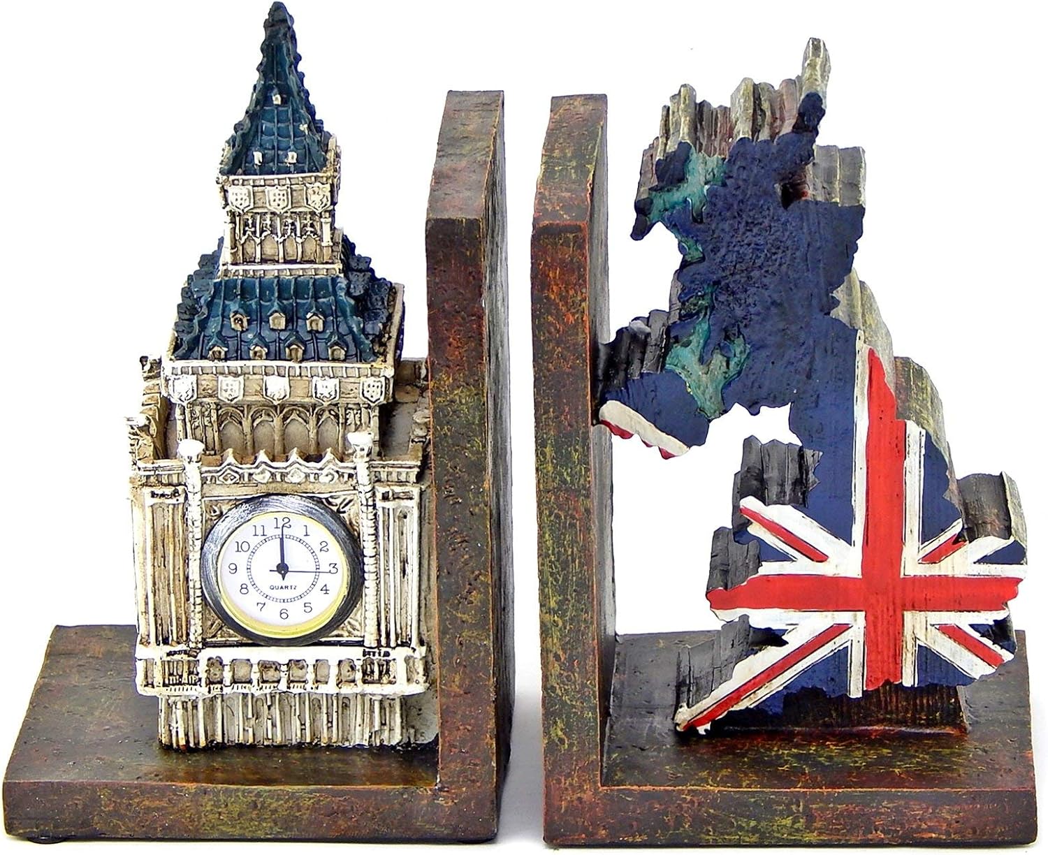 Bellaa 26348 Decorative Bookends Big Ben Clock Tower London UK Flag Map Vintage Unique British Patriots Gifts Bibliography Home Decor Bookshelves Heavy Book Ends