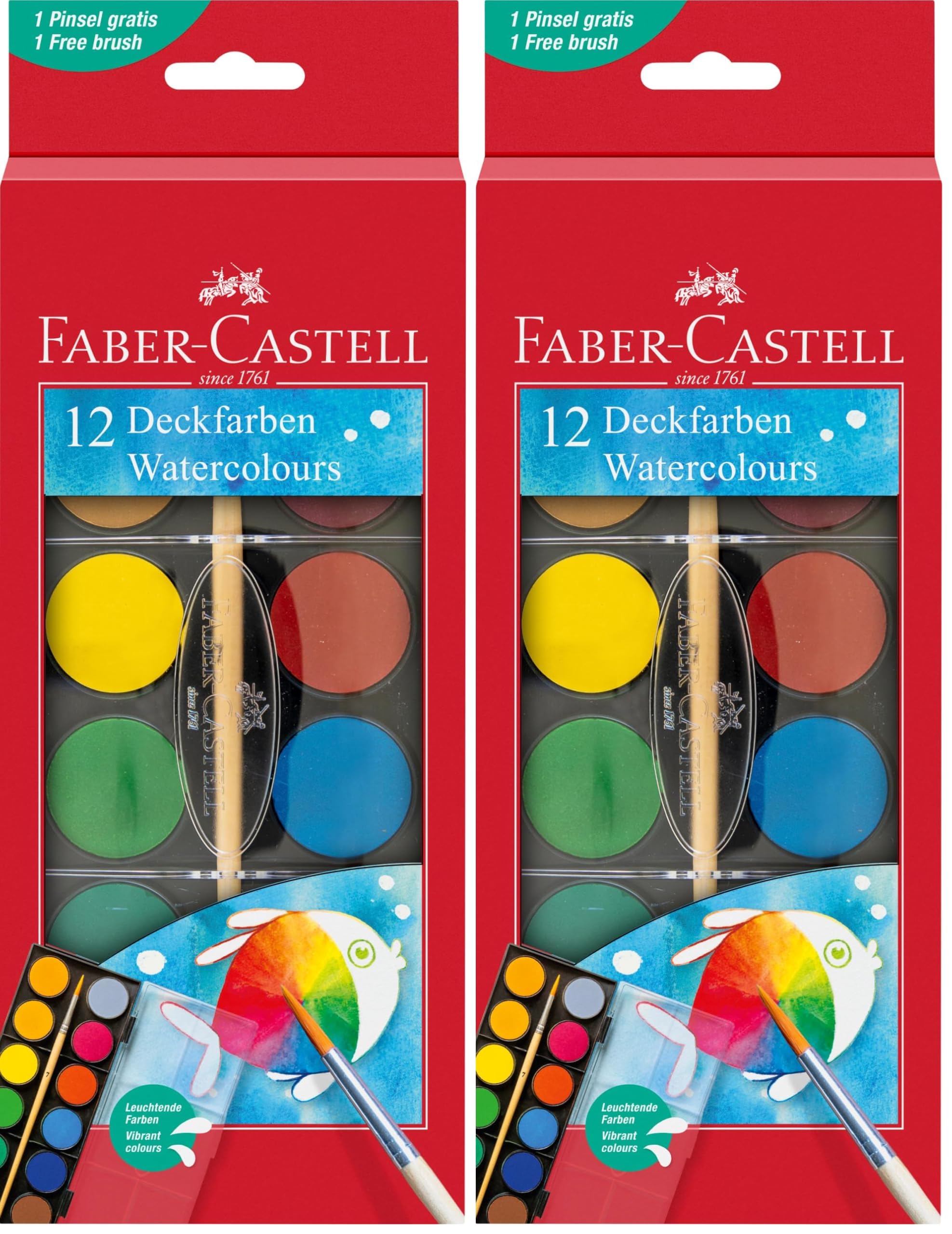 Faber-Castell 125018 - Wasserfarbkasten 12 Farben, inkl. Pinsel, Malkasten für Schule und Freizeit (Packung mit 2)