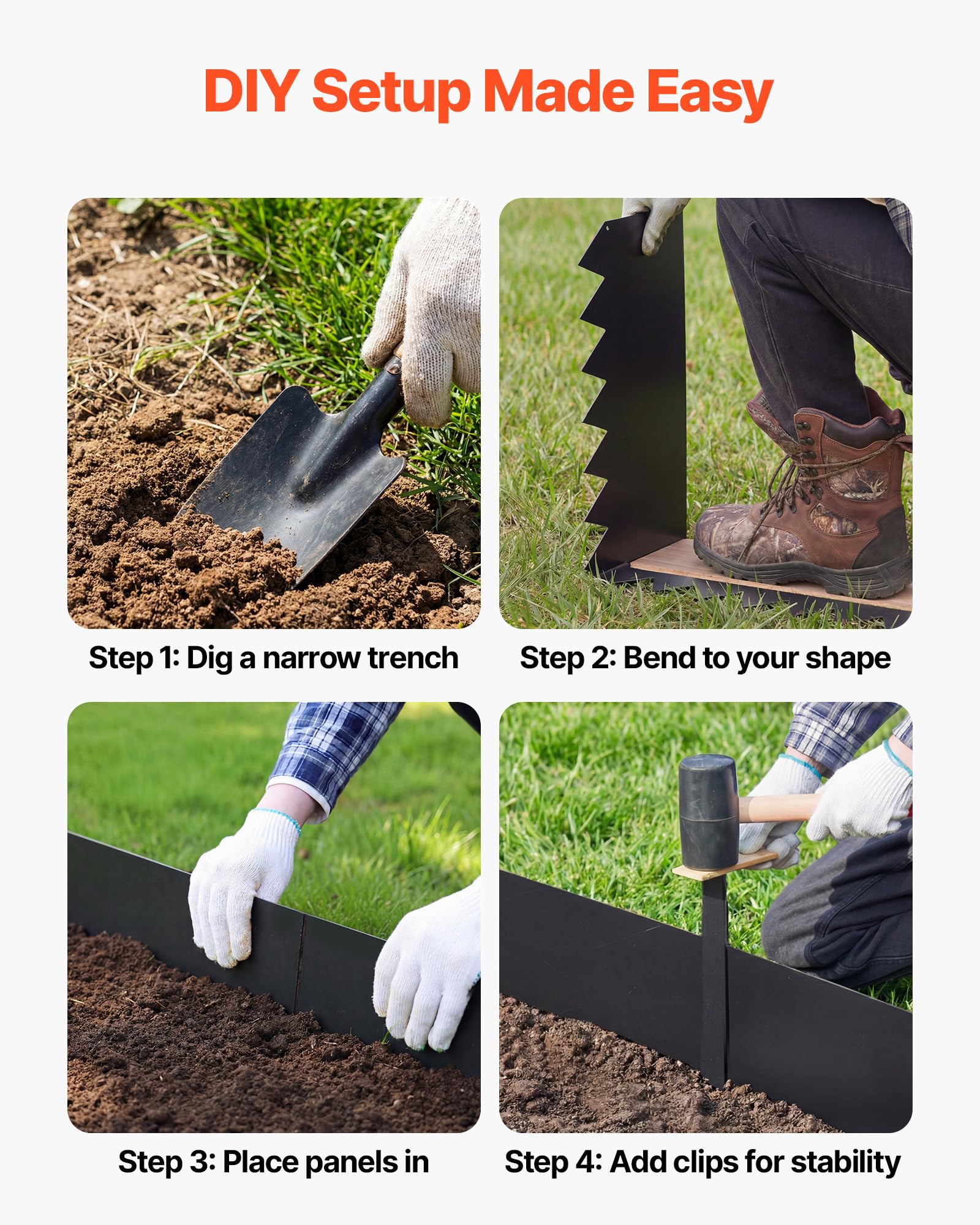VEVOR Rasenkante 6er-Pack, 1016x254 mm, Beeteinfassung aus Verzinktem Stahl, inkl. 8 Befestigungsclips, Beetbegrenzung, Rasenbleche, Mähkante Metall Palisade für Blumenbeete & Gartenwege, Schwarz