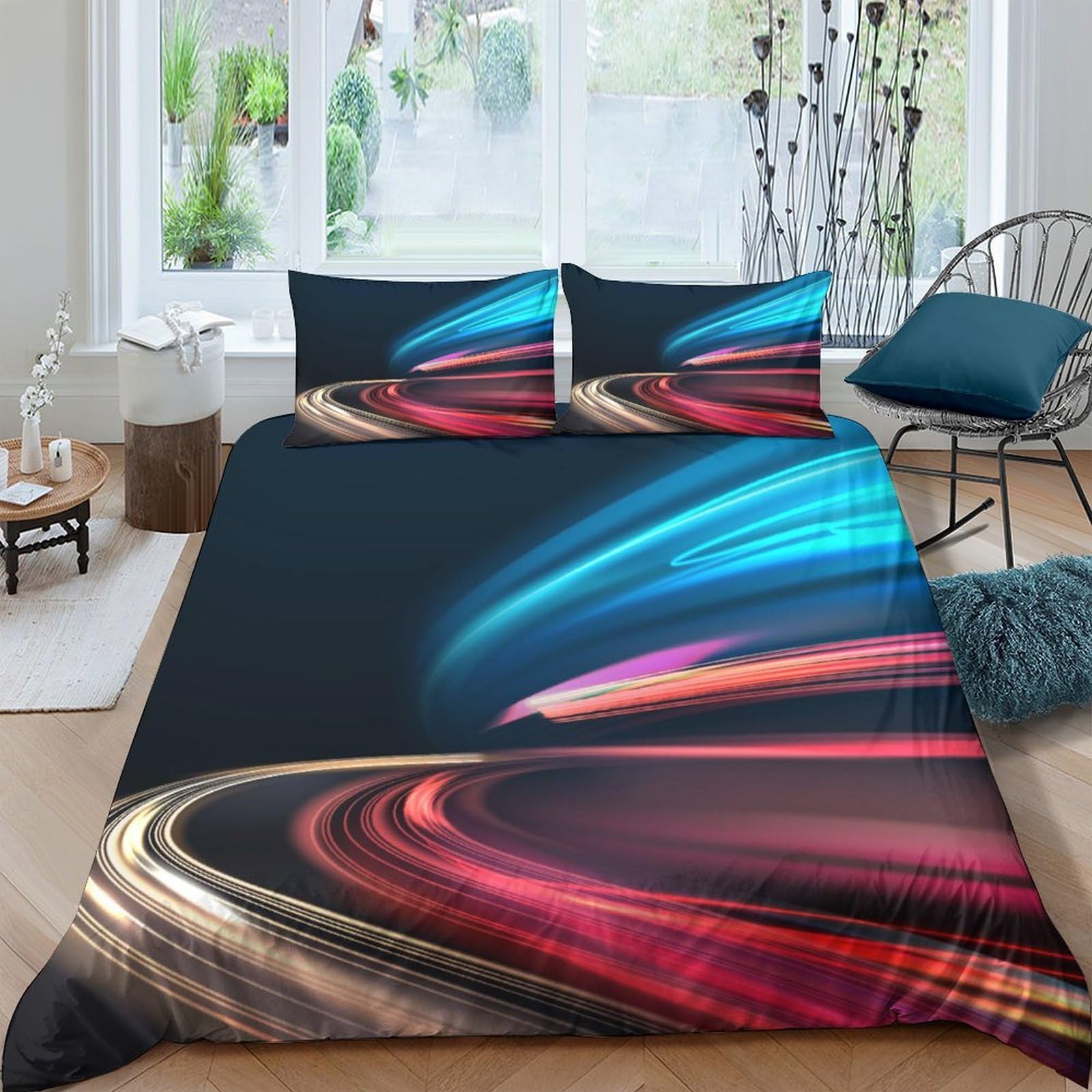 GPLZQXKJNH 3D Printed Neon Light Trail Duvet Cover Microfiber Soft Breathable Urban Night Scene Bedding Set with 2 Pillowcases for Bedroom Decor, Single（135x200cm）