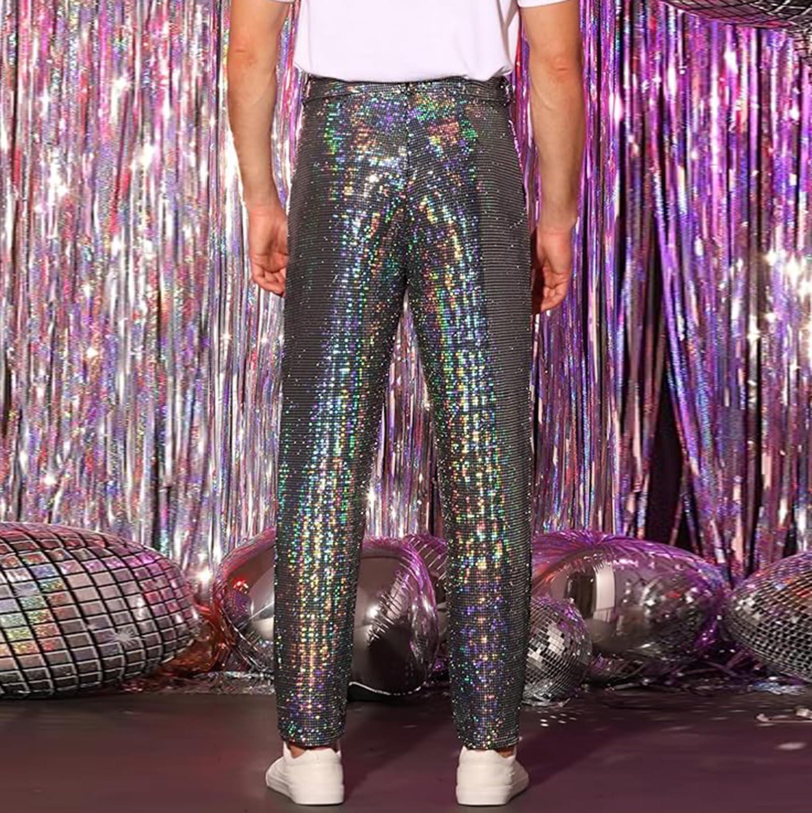 Pantalon à paillettes dorées pour homme, pantalon disco brillant pour fête avec poches, pantalon de costume accrocheur à paillettes pour festival, performance et fêtes rétro