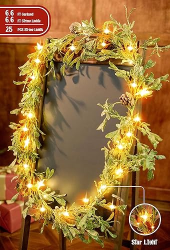 Miniatura 3 de Guirnalda de Navidad de 6.6 pies, guirnalda de fiesta 2023 con 25 luces LED, planta vegetal, conos de pino y bayas blancas, copo de nieve