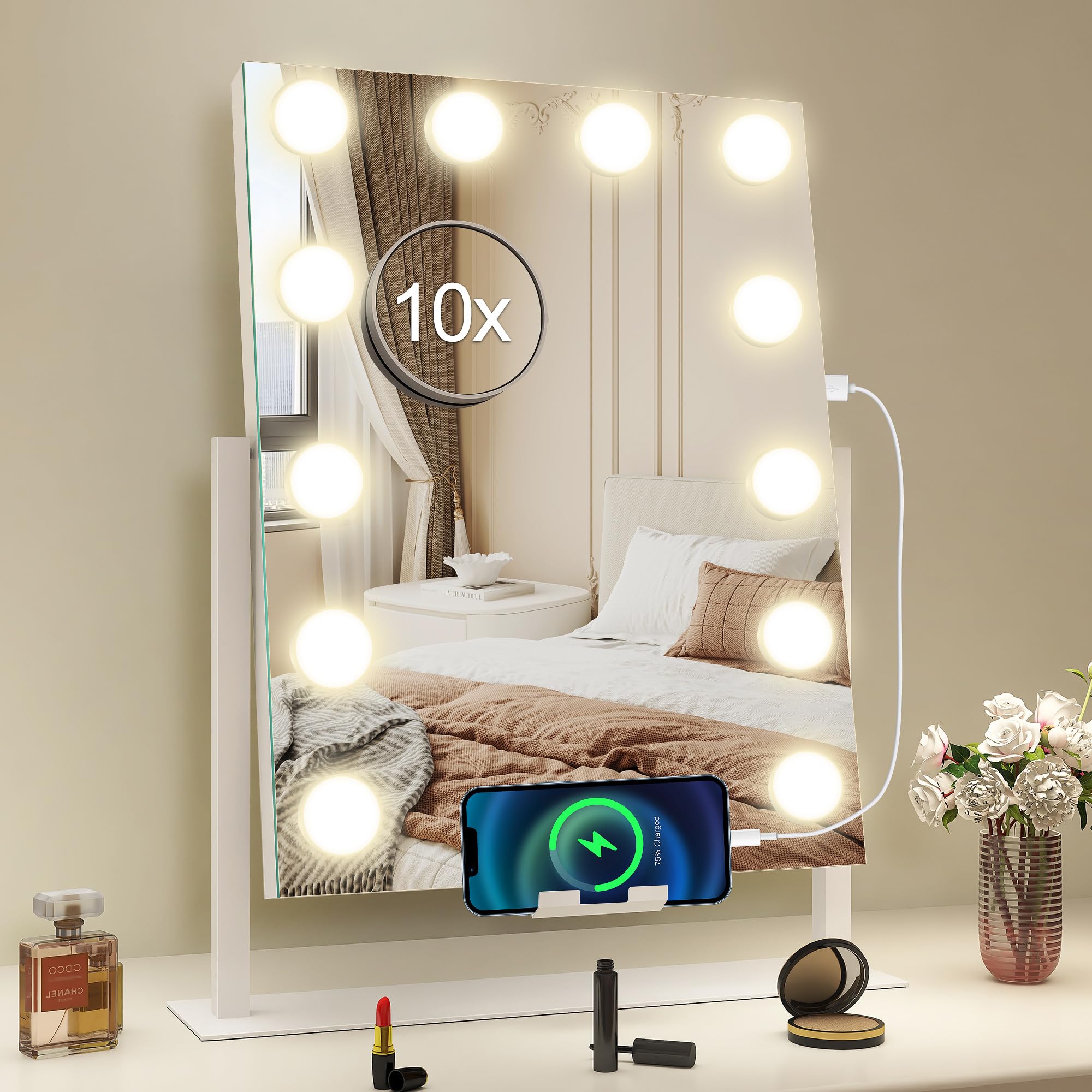 S'bagno Vanity Mirror with Lights, 12 Dimmable LED Bulbs Hollywood Mirror, 3 Color Modes & Memory Function Makeup Mirror with Lights, Detachable 10X Magnification, Touch Control, USB-A(16''x12'')