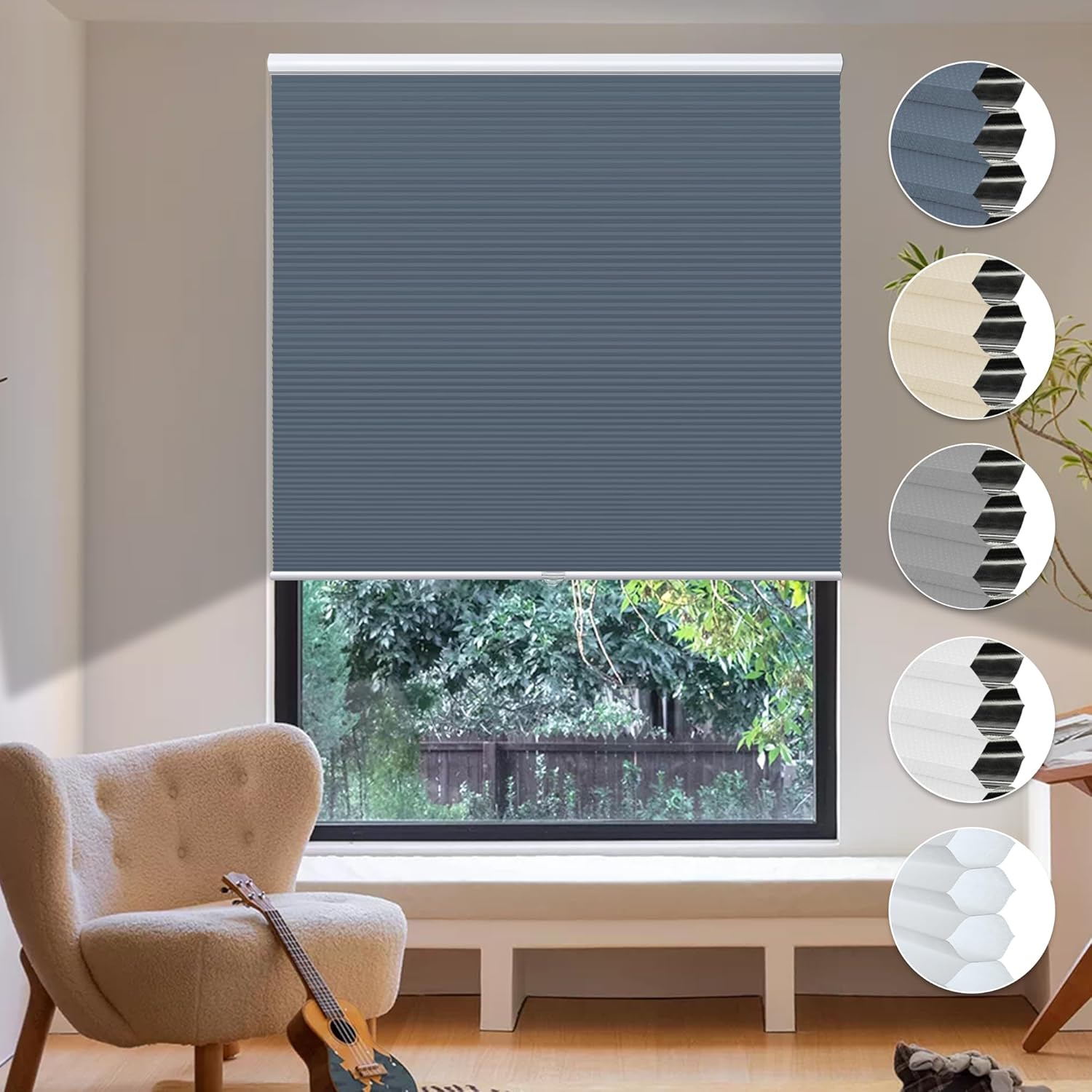 HOMEDEMO Blackout Cellular Shades Cordless, Honeycomb Shade Blinds, Thermal Insulated Noise Reduction for Windows Inside & Outside Mount Blue-Blackout 30" W x 64" H Blue-blackout 30"W x 64"H