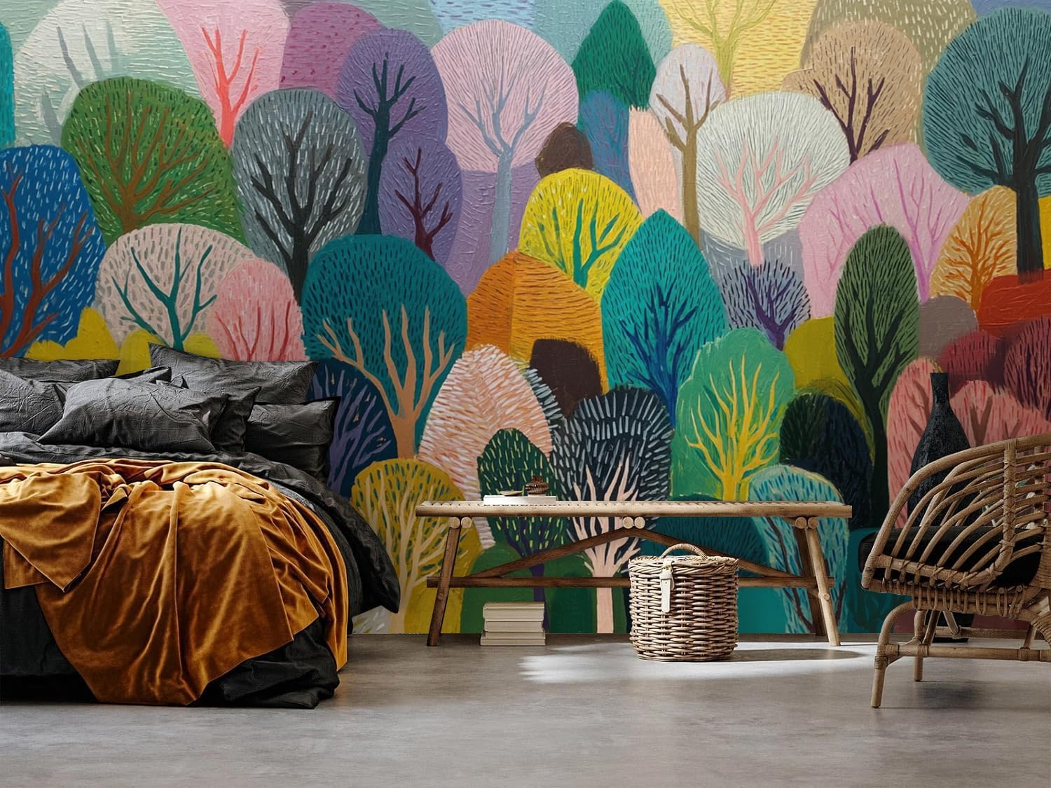 VistaPalette Cute Pastoral Colorful Creative Forest Art Painting Mural Peel and Stick Wall Art Wallpaper Self Adhesive Removable Mural Large Foil Wall Decor Print Picture
