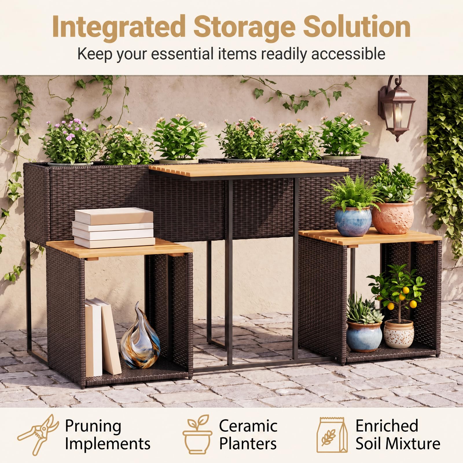 GIANTEX Juego de Muebles de Exterior con Jardinera Elevada, para 2 Personas (Marrón)