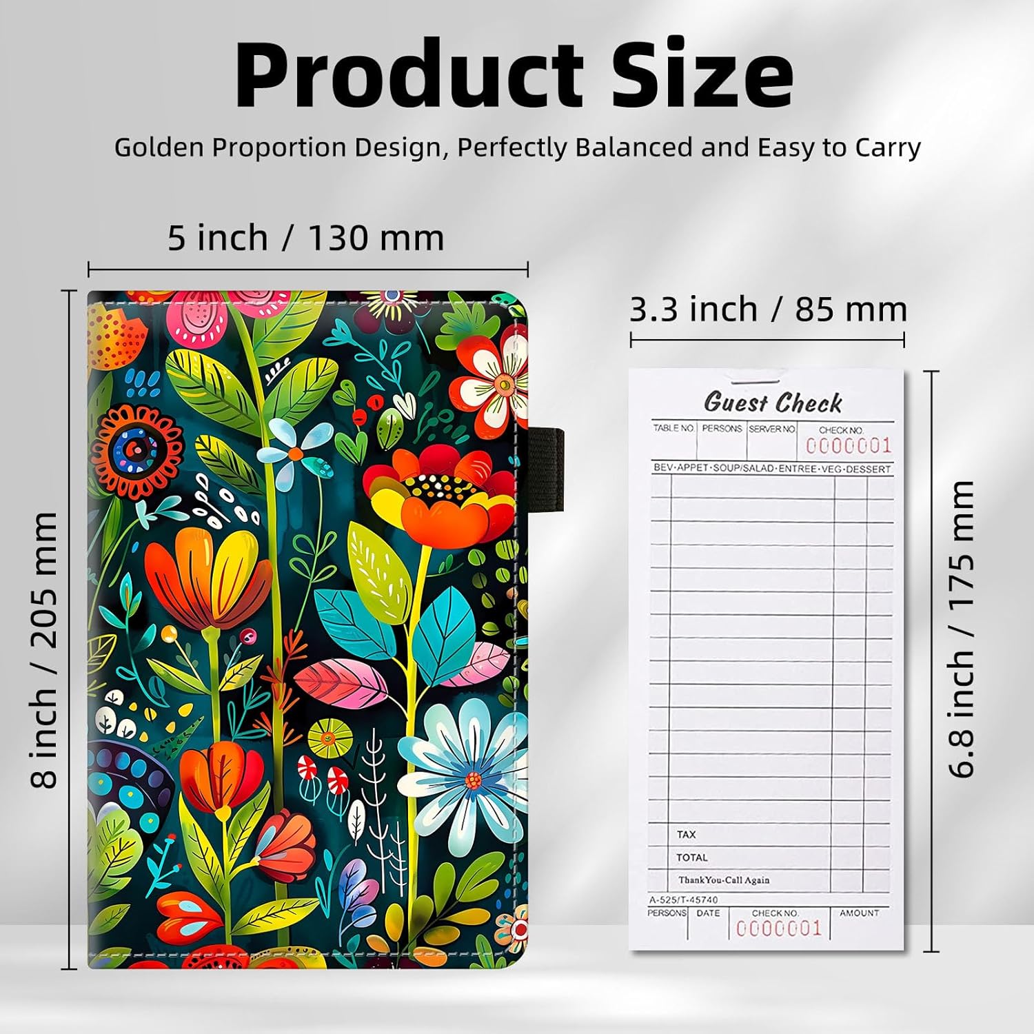 Server Books for Waitress with Zipper Pocket - PU Leather 8-Pocket Organizer (Checks/Cash/Cards), Botanical Bloom Floral Design | 5x8" Waitress Accessories for Hospitality Industry