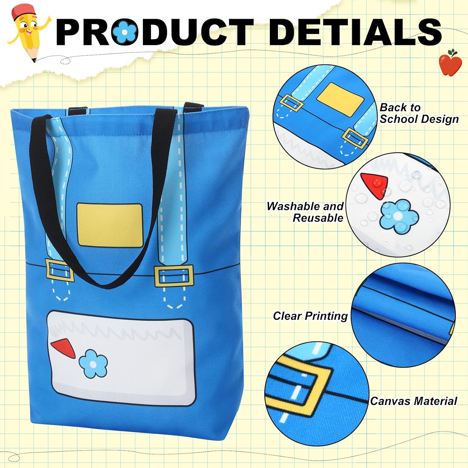 Tallew 6 Pcs Teacher Appreciation Canvas Bags Reusable Tote Bags with Handle Pencil Apple Notebook Themed Teacher Appreciation Gifts for Women Back to School Office Classroom Supplies