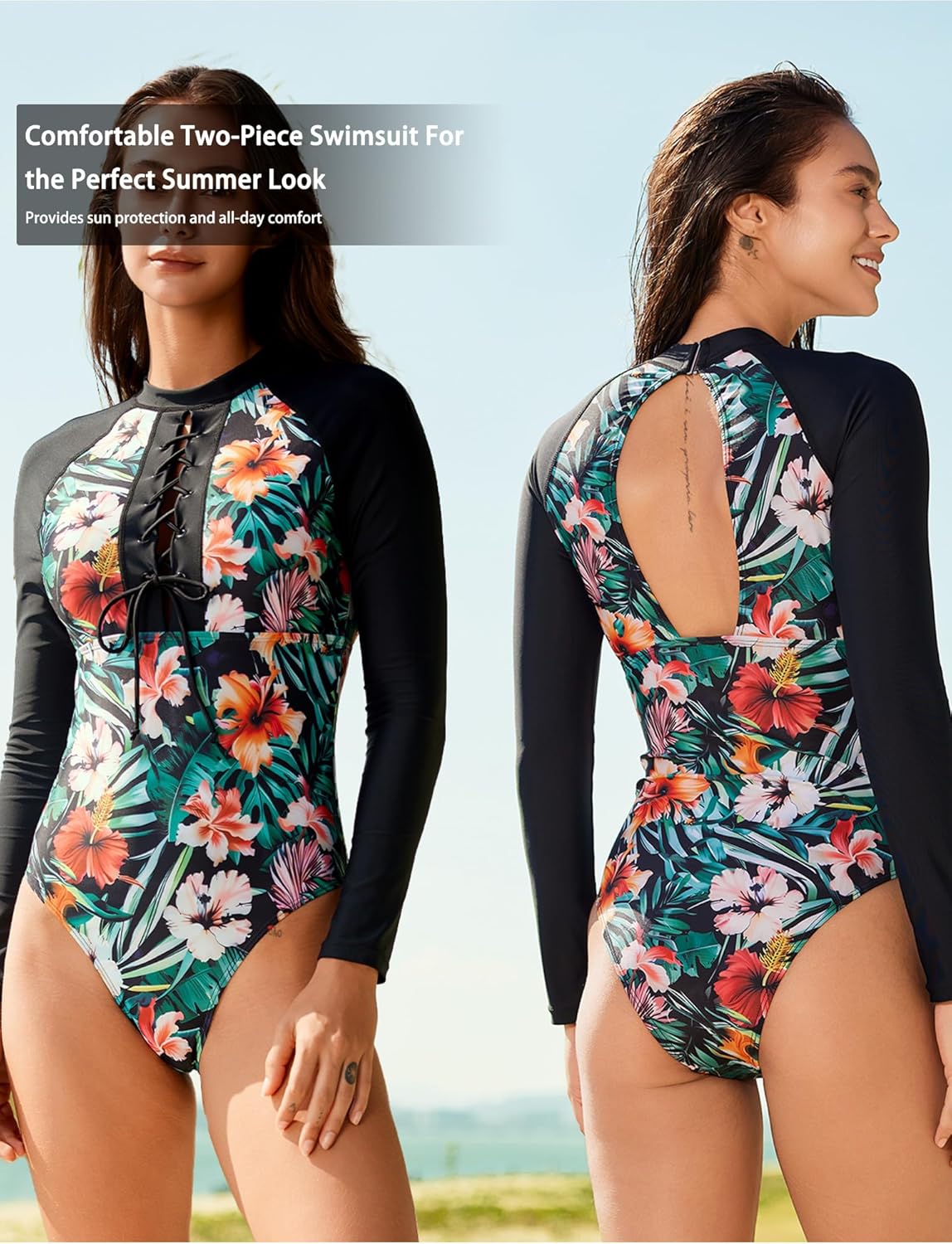 Women's One Piece Long Sleeve Swimsuit Tummy Control Cut Out Swimwear Floral Prints Bathing Suit
