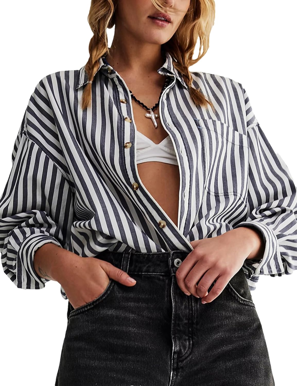 Womens Striped Oversized Button Down Shirts Long Sleeve Collared Blouses Shackets for Women 2025