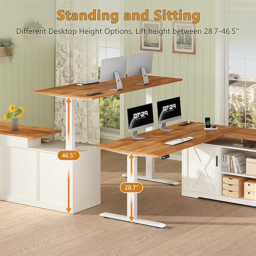Miniatura 4 de Farmhouse - Escritorio de pie en forma de L, escritorio eléctrico de pie ajustable de 55 pulgadas de altura con 3 cajones y estantes de
