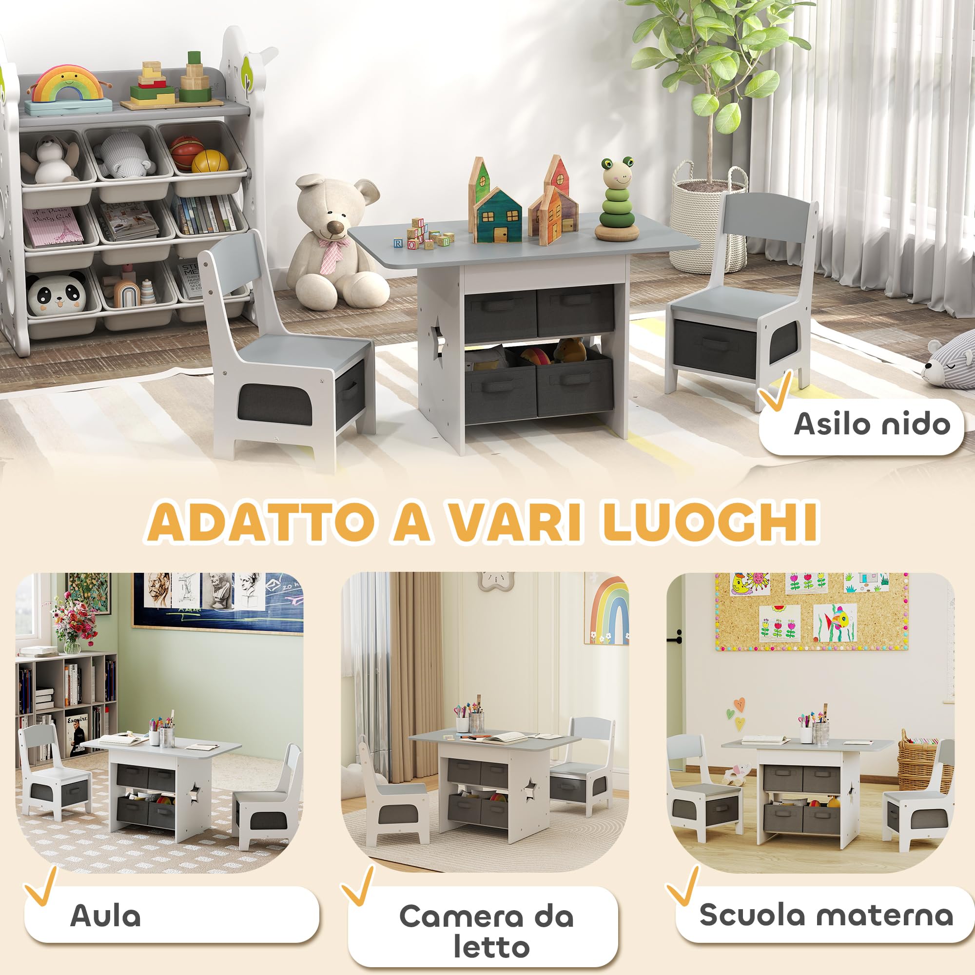 AIYAPLAY Set Tavolo e 2 Sedie per Bambini 3-8 Anni con 6 Cassetti Pieghevoli, Tavolino per Bambini con Sedie in Legno e Contenitori Portaoggetti in Tessuto non Tessuto, per Cameretta, Grigio e Bianco