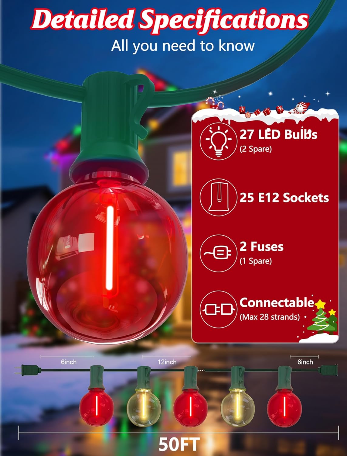 SUNSGNE Red and White Christmas Lights, 50FT G40 Globe Christmas Lights with 27 LED Round Xmas Light Bulbs(2 Spare) for Outdoor Roofline Patio Yard Decorations, E12 Socket, Green Wire