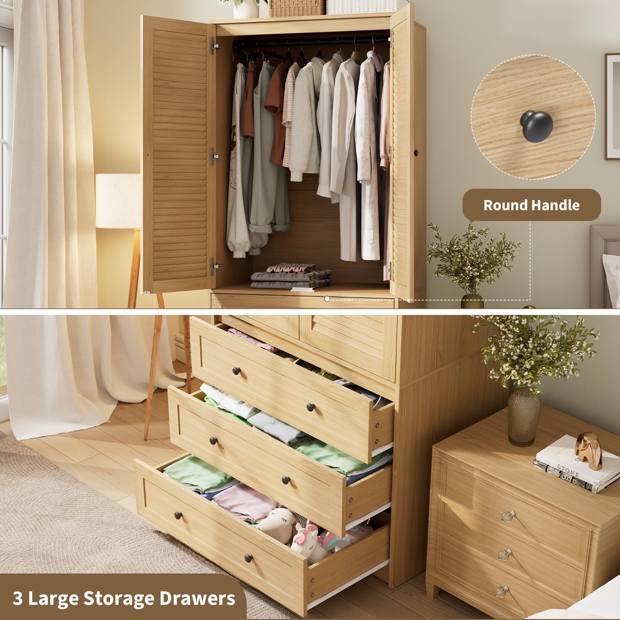 GarveeHome Armoire Wardrobe with Drawers, Wooden Closet, Hanging Rod, Oak — product photo