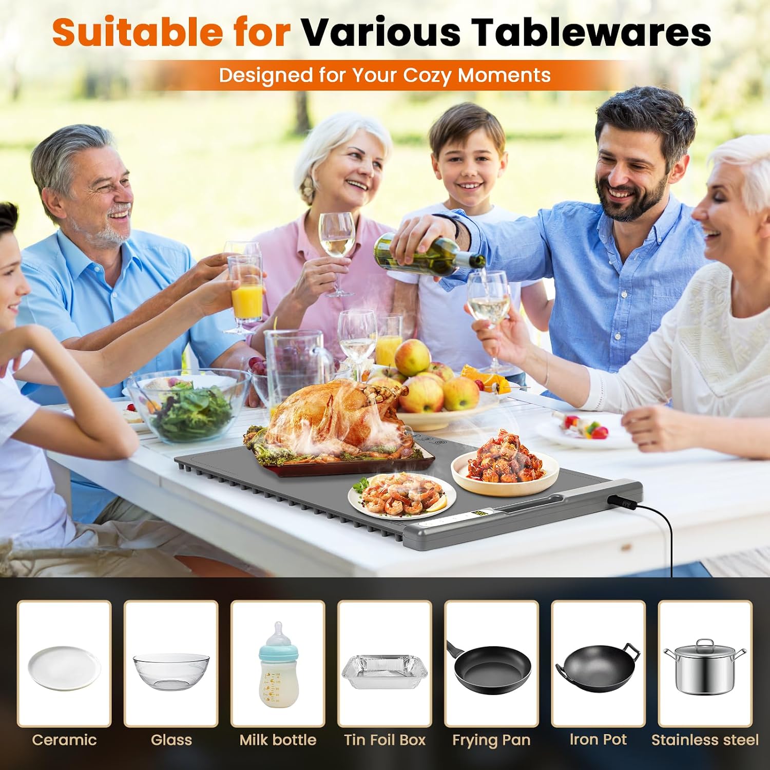Warming Mat for Food, WVJ 300W Electric Warming Tray 8 Temp Settings & 4H Timer Auto Shut-Off Roll Up 10S Fast Heating Mat for Buffet, Large Silicone Food Warmer Mat for Home Party Travel Catering