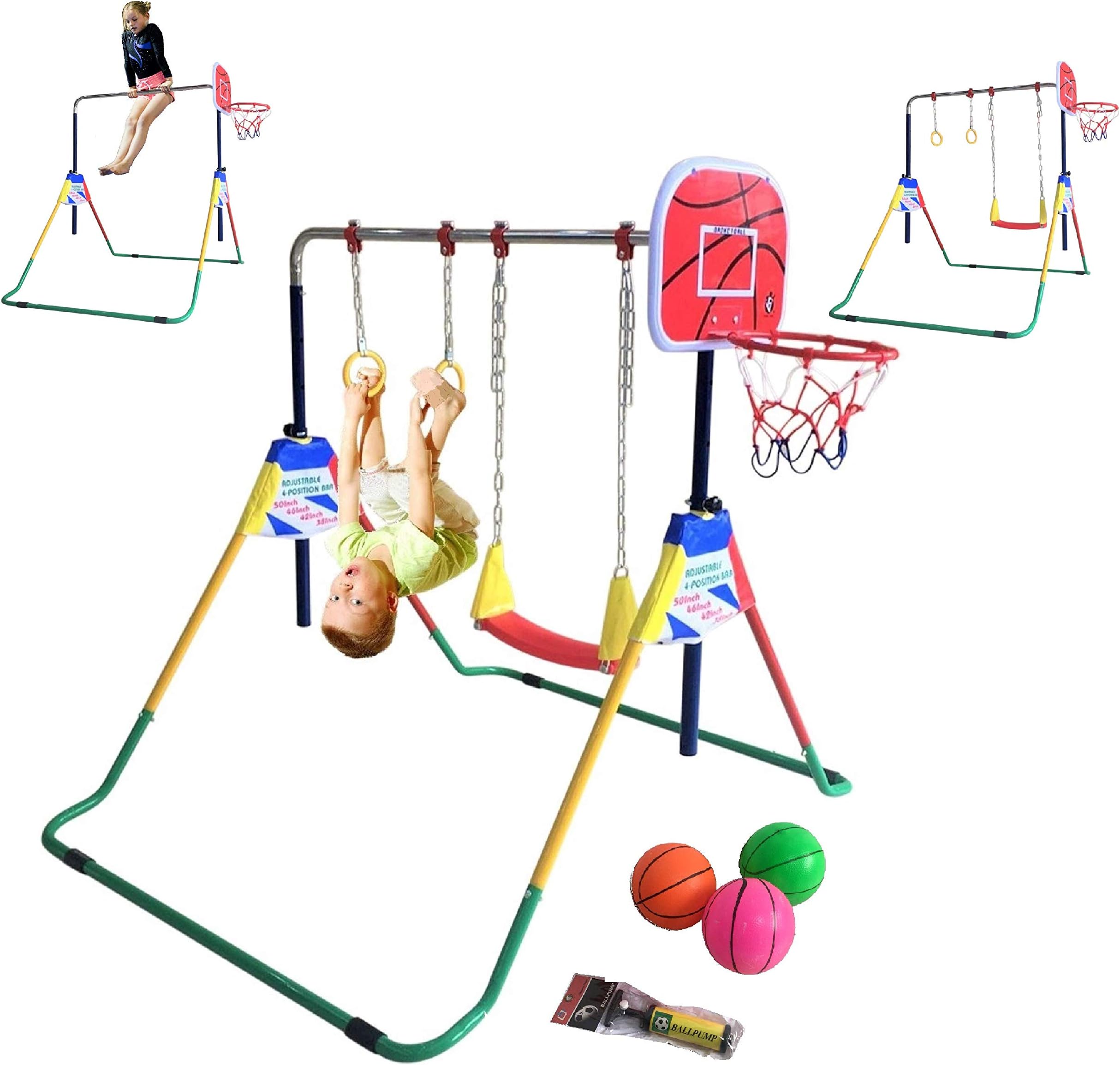 Gymnastics Expandable Junior 4 in 1 Training Monkey Horizontal Bars Climbing Tower Child playset Training Pull Up Gym with Swing, Trapeze Ring and Basketball Stand with 3 Balls Set.
