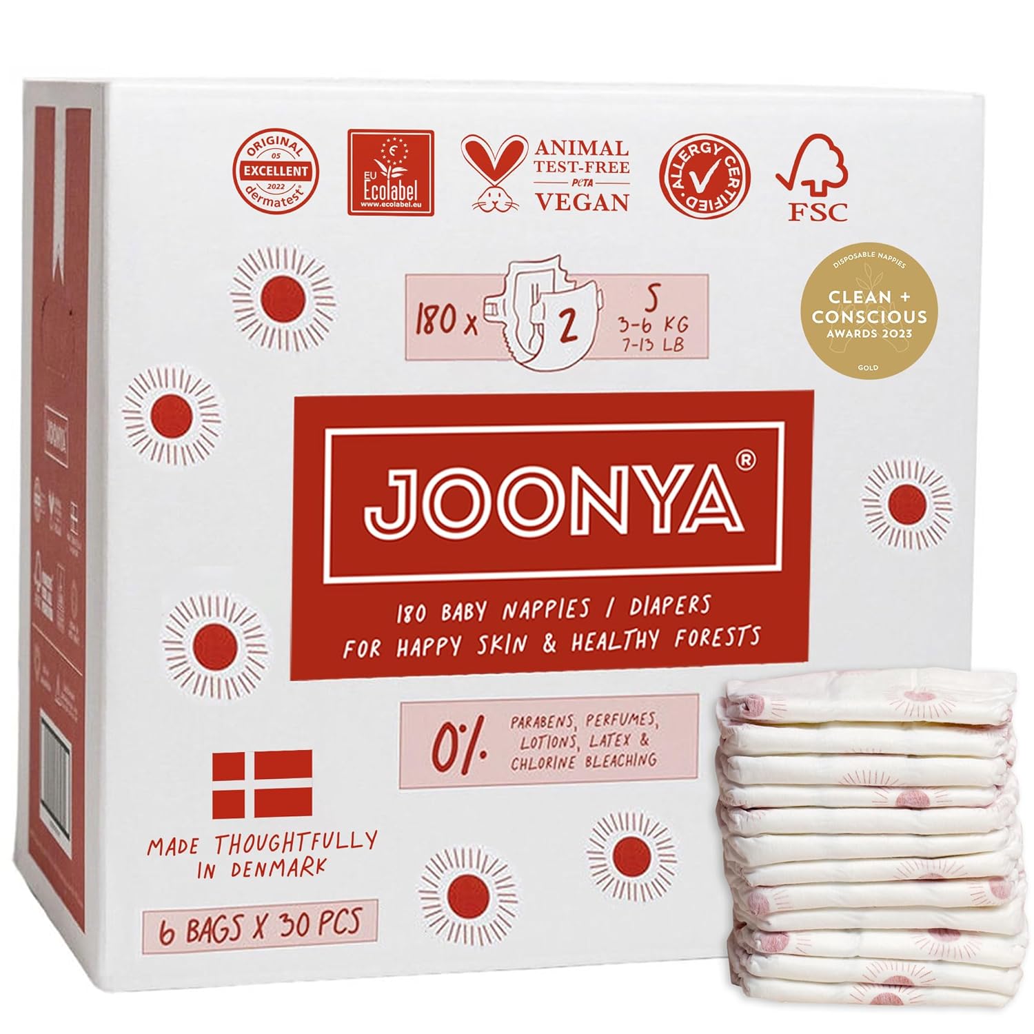 Joonya Baby Diapers, Size 2 S (7-13 lb) - 6 Bags of 30 (180) - New Range - NonToxic, Eco-Friendly, Ultra Slim, Overnight Use - Made in Denmark Size 2 S (7-13 Pound) - 6 Bags of 30 (180)