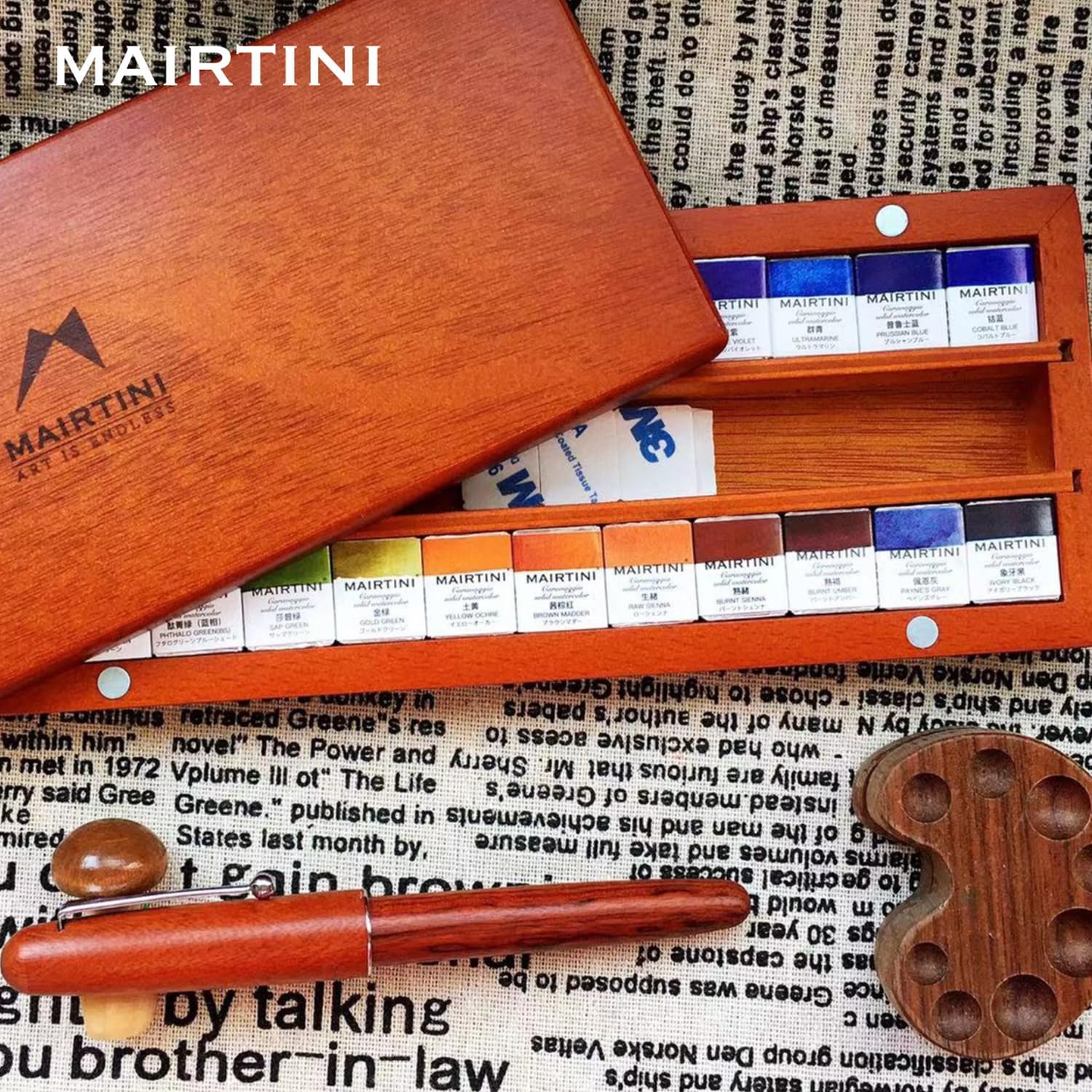 Mairtini Caravaggio series Professional Half Pan Watercolor Set 24 Colors with Wooden Case