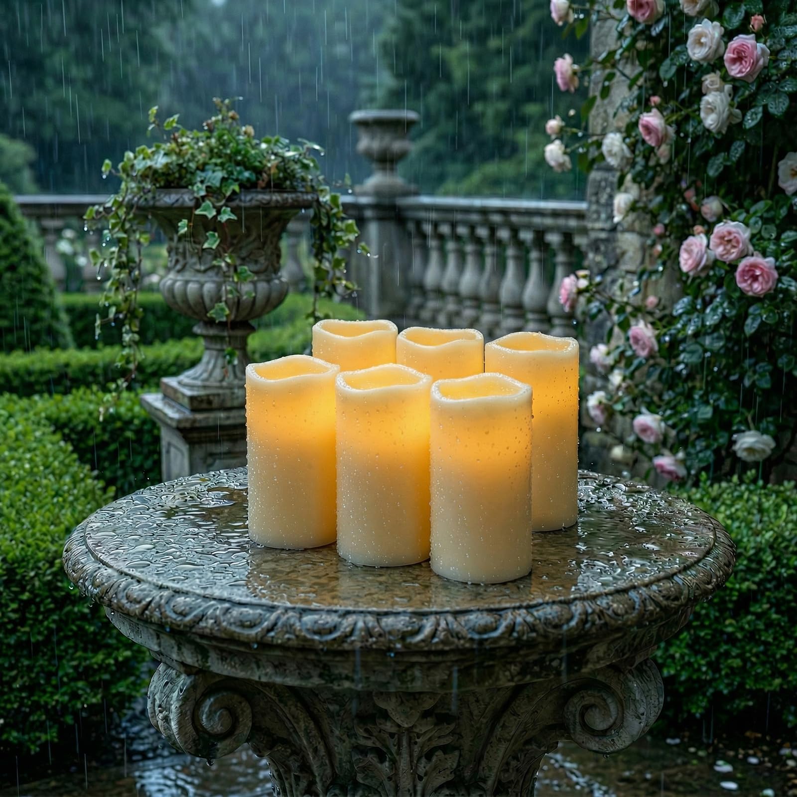 5plots Lot de 6 bougies d'extérieur étanches de 7,6 x 15,2 cm, sans flamme, à LED blanc ivoire, avec télécommande à 10 touches et minuterie pour décoration d'intérieur et de vacances