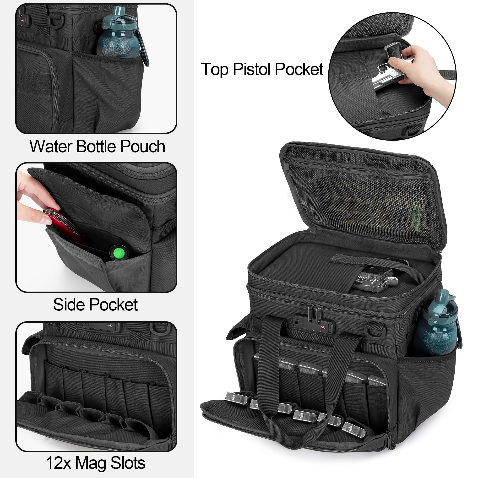 GOBUROS Borsa tattica per tiro con 2 custodie piccole per pistola, borsone per pistola con lucchetto TSA e 12 scomparti per caricatori, multitasche