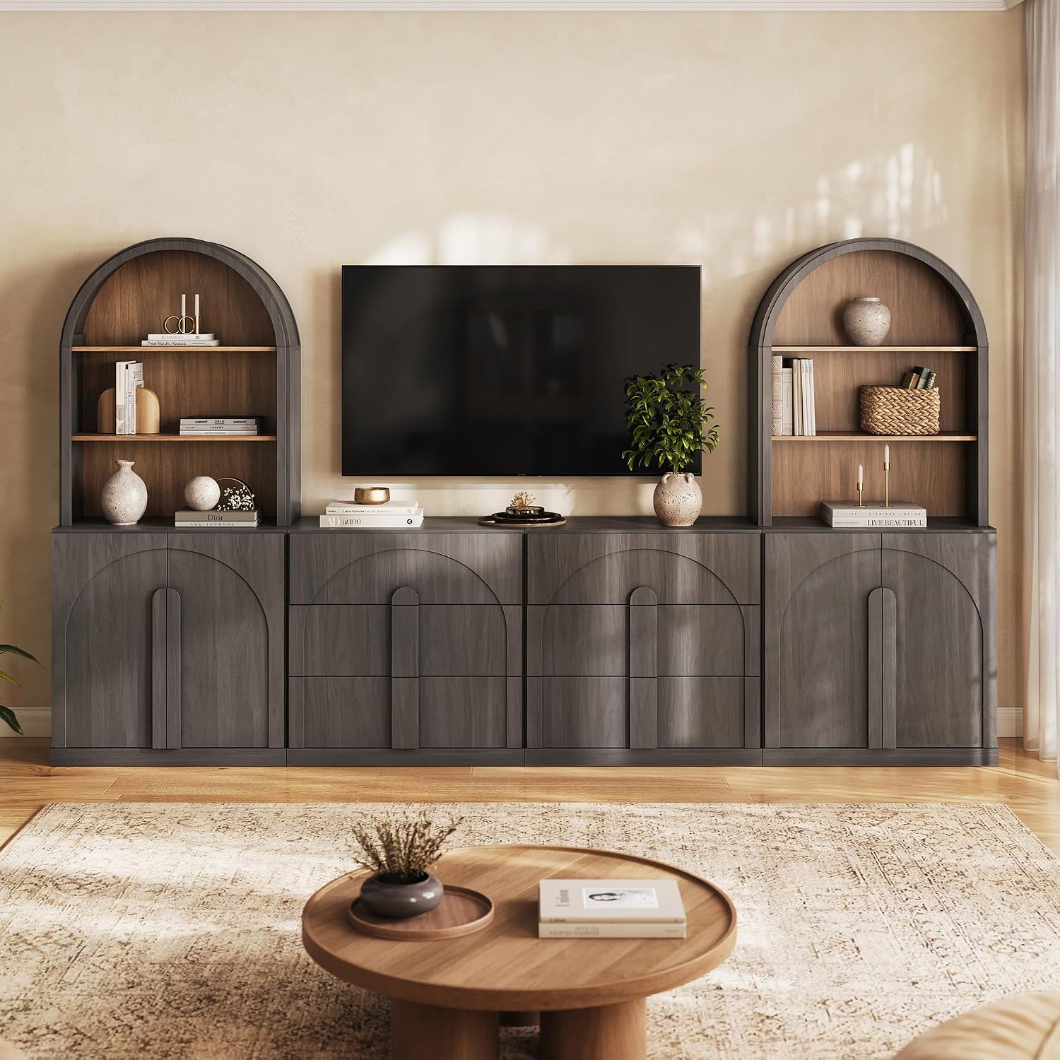  4 Piece Set Modular TV Stand with Storage, Modern Tall Entertainment Center with Hutch and 2 Wood Side Cabinets with 3 Drawers Media Console for Living Room, Ebony thumbnail
