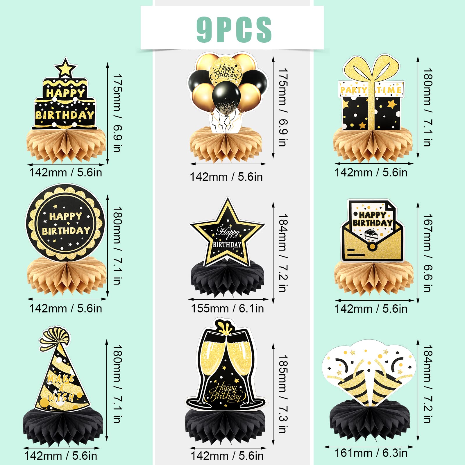 Centrotavola Compleanno Elegante - Set 9 Pezzi Nido D'Ape Nero E Oro Per Feste - Foto 9