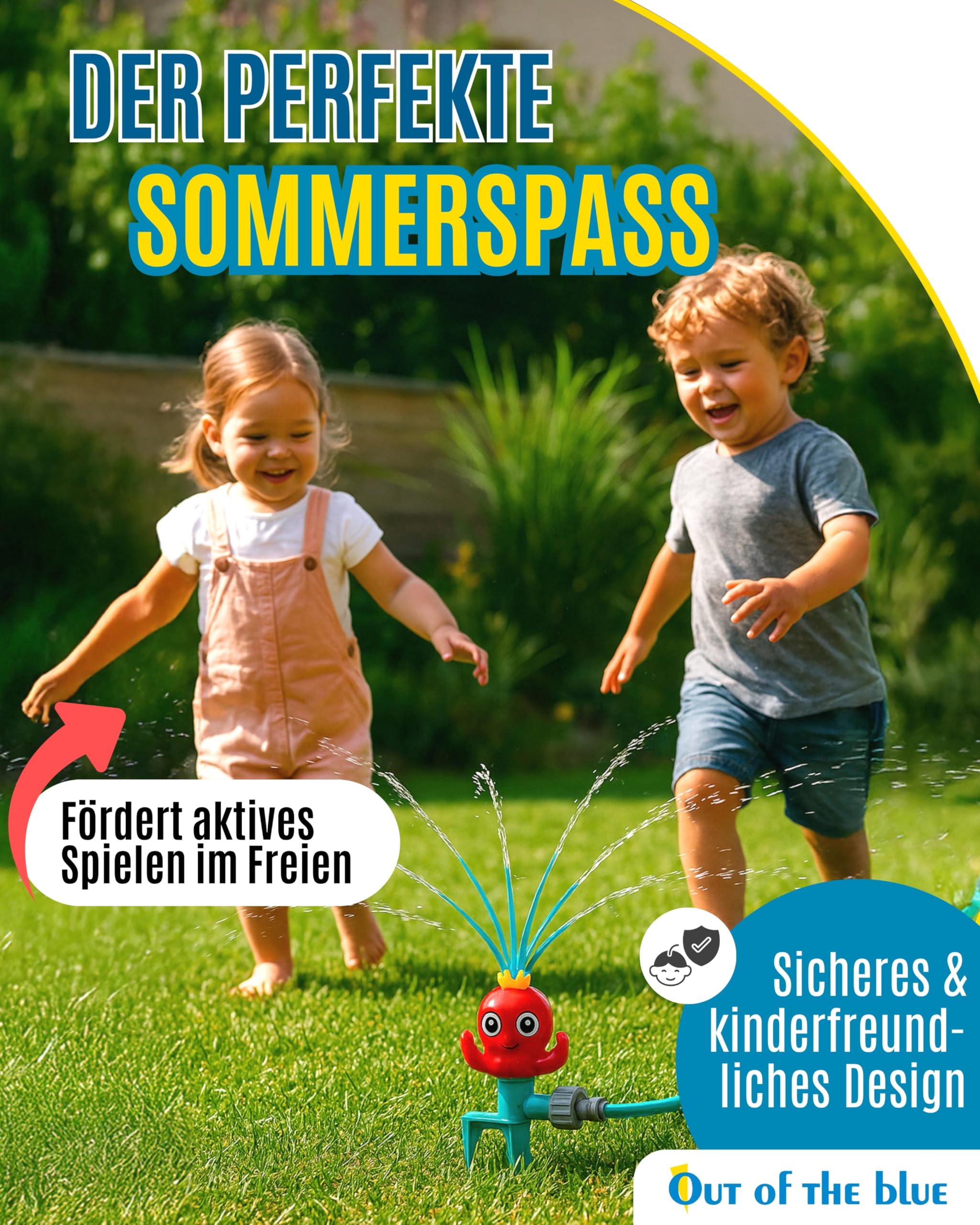 Out of the blue Happy Octopus Rasensprinkler - Wasserspielzeug mit beweglichen Sprüharmen - 11 × 8 × 21 cm Sprinkler inkl. Schlauchanschluss & Geschenkverpackung - Für Kinder & Erwachsene