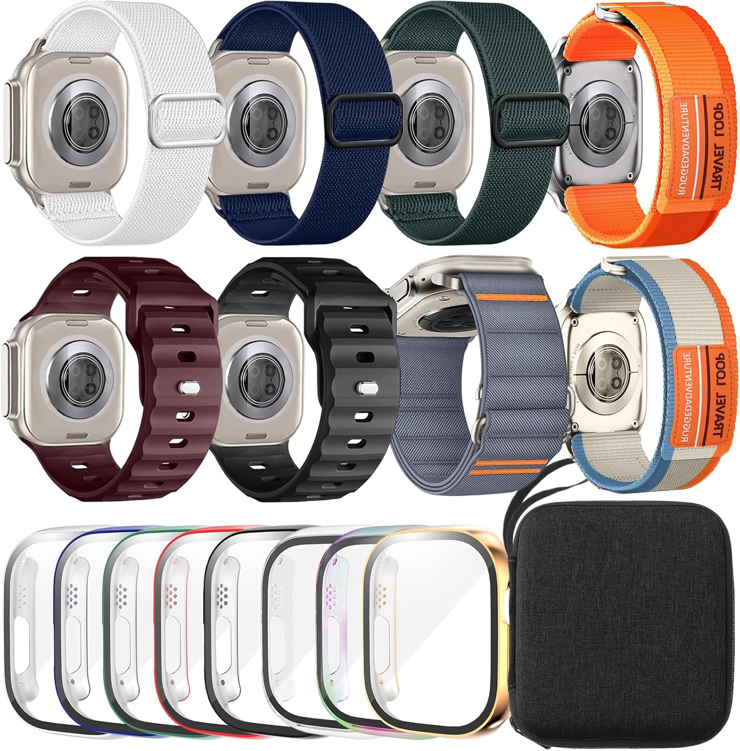 8 Pack Sport Bands Compatible for Apple Watch Ultra 3/2/1 49mm, Series 11/10 46mm, 9/8/7 45mm, SE3/SE2/SE/6/5/4 44mm (with Screen Protector Case)