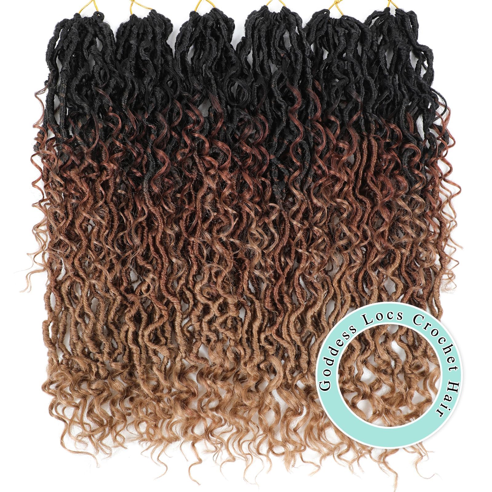 Goddess - Set di 6 ganci per capelli finti per donne nere, per capelli gessetti all'uncinetto, stile Boho locs, fiume Locs Crochet Hair with Curly Ends (18 pollici, 1b/30/27 #, 6 pezzi)