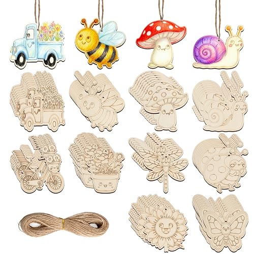 80PCS Unfinished Spring Ornament Wood Crafts, 10 Styles DIY Painting