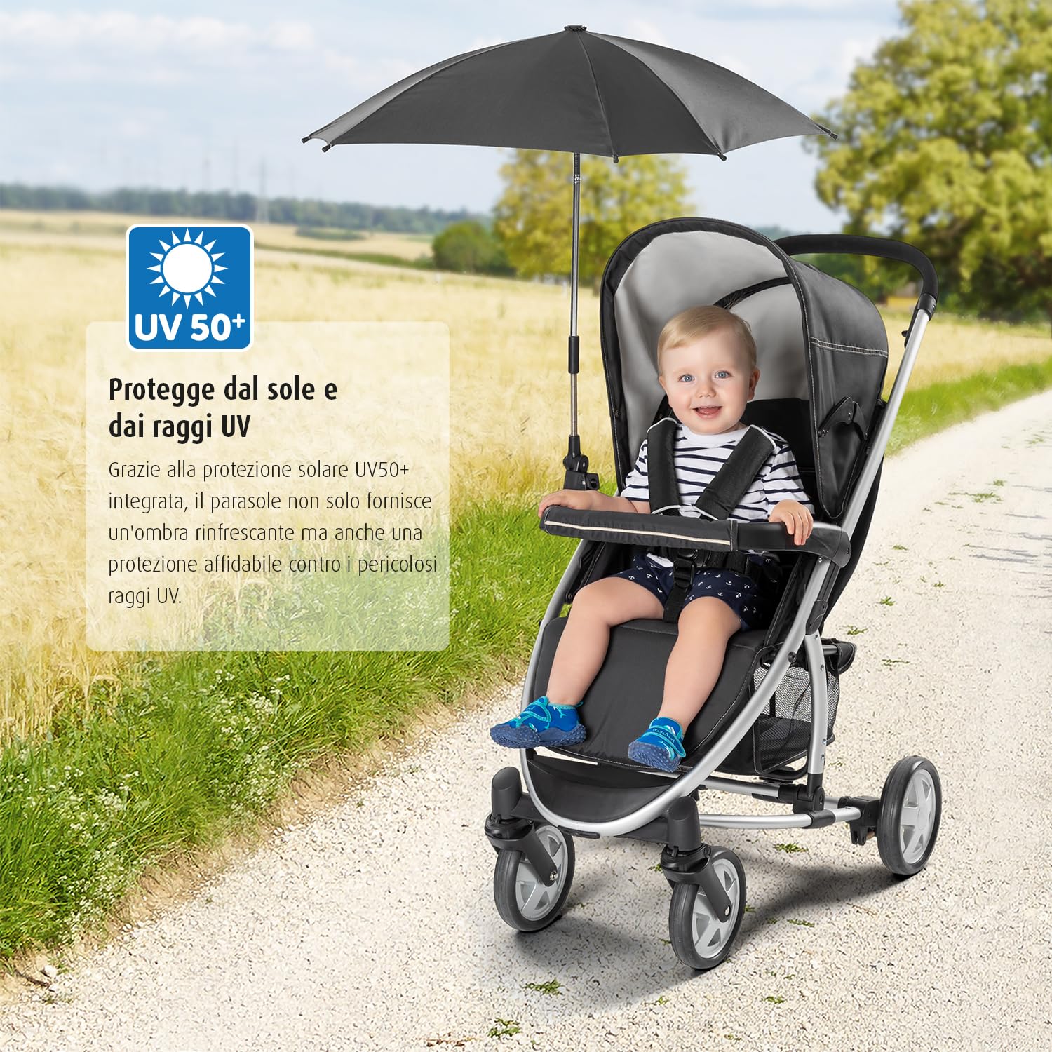 reer ShineSafe - Ombrellone universale per passeggino, girevole e inclinabile, colore: Nero