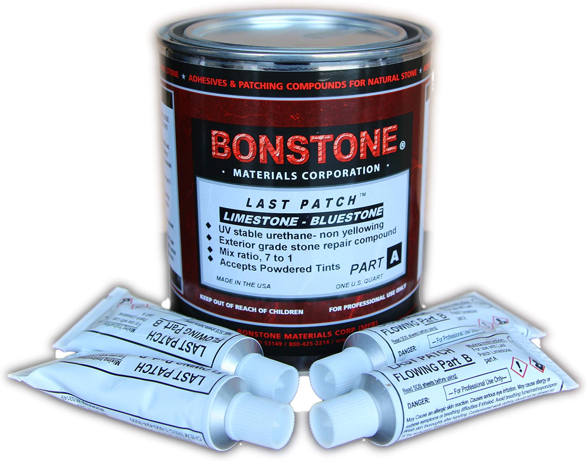 Bonstone Last Patch Limestone Repair Kit Quart Size with 4 Tubes, Repair Chips, Spalls, Broken Corners Glue Epoxy Adhesive (Blue Stone)