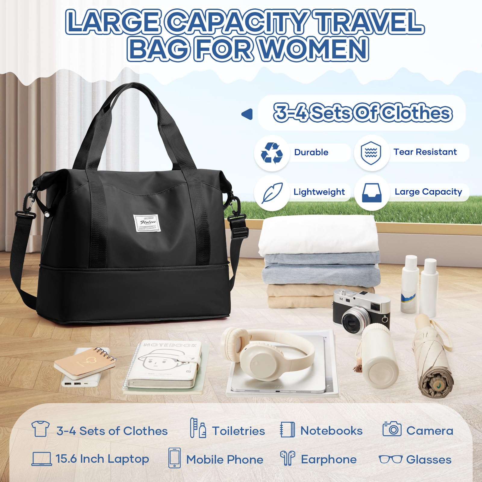 SEAFEW Sac de Voyage 40x30x20 Femme Sac fourre-Tout de Sport Imperméable pour Week-End, Cabine Avion Ryanair Bagage Cabine Easyjet Extensible pour Travel Gym Danse,J1-Noir