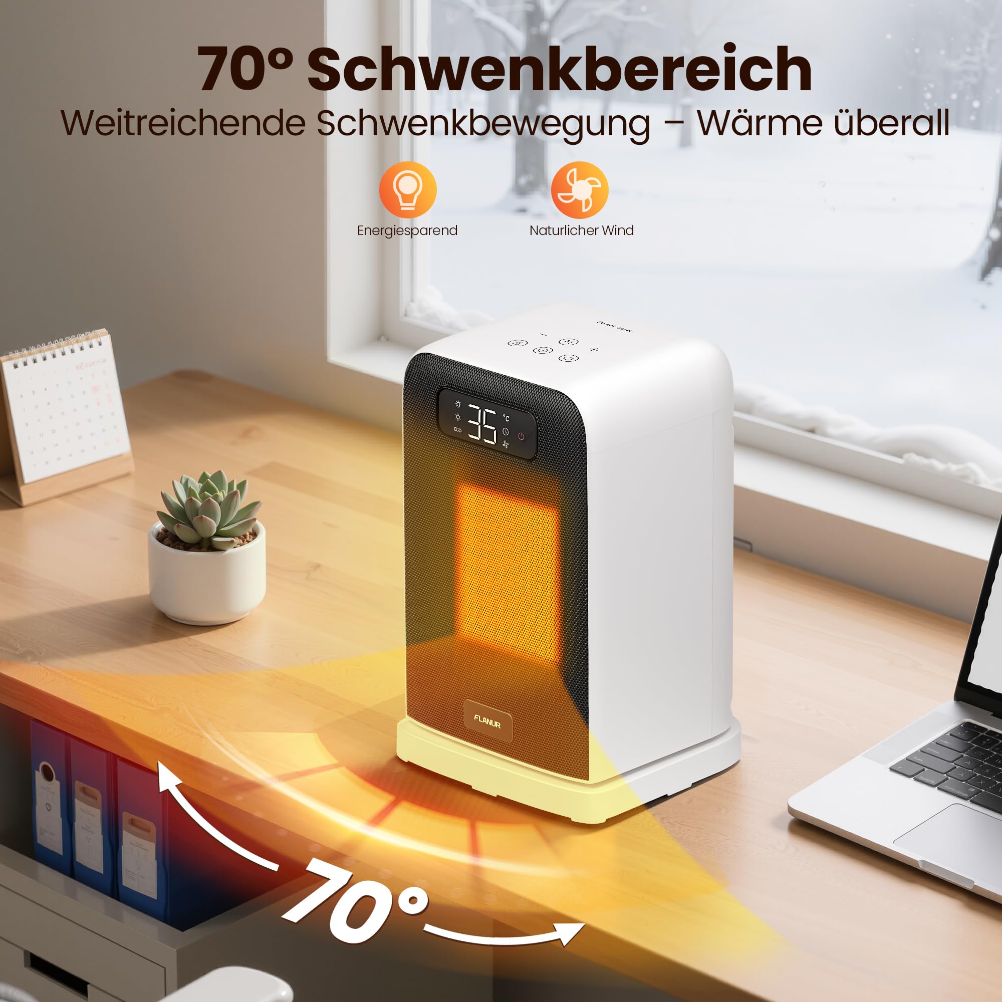 FLANUR Calefacción de suplemento 1500 W, Calefacción eléctrica de cerámica PTC con termostato, 12 horas, temporizador, protección antisobrecalentamiento y antivuelco, mando a distancia, blanco