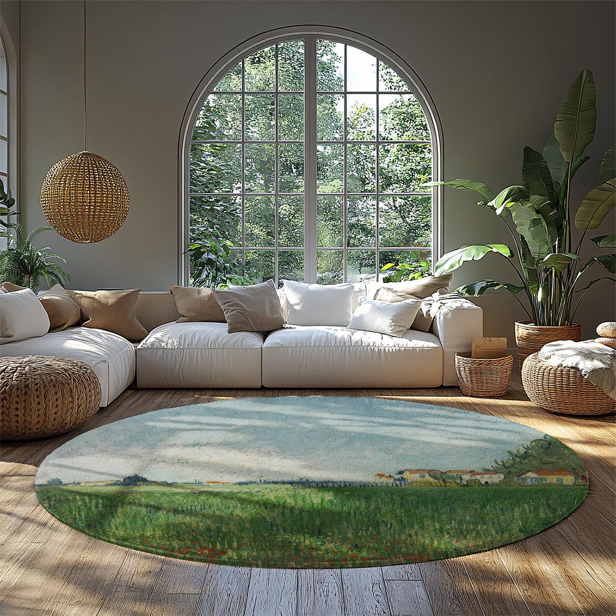 Tapis rond salon grand 160cm lavable imprimé prairie impressionniste