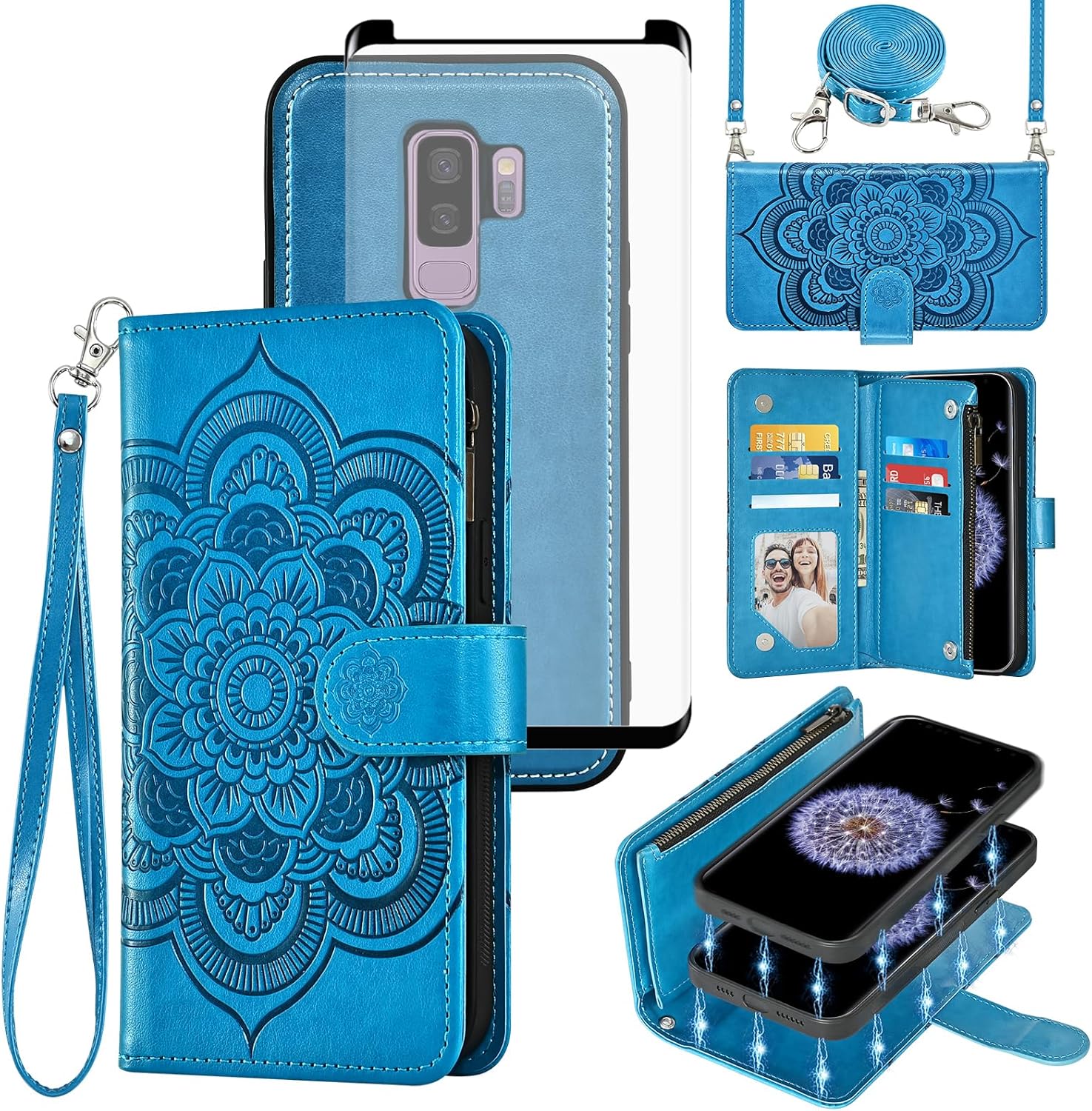 Asuwish Phone Case for Samsung Galaxy S9 Plus Zipper Wallet Detachable Cell Cover with Tempered Glass Screen Protector Crossbody Strap Flower Card Holder S9+ 9S 9+ S 9 9plus S9plus Women Girls Blue