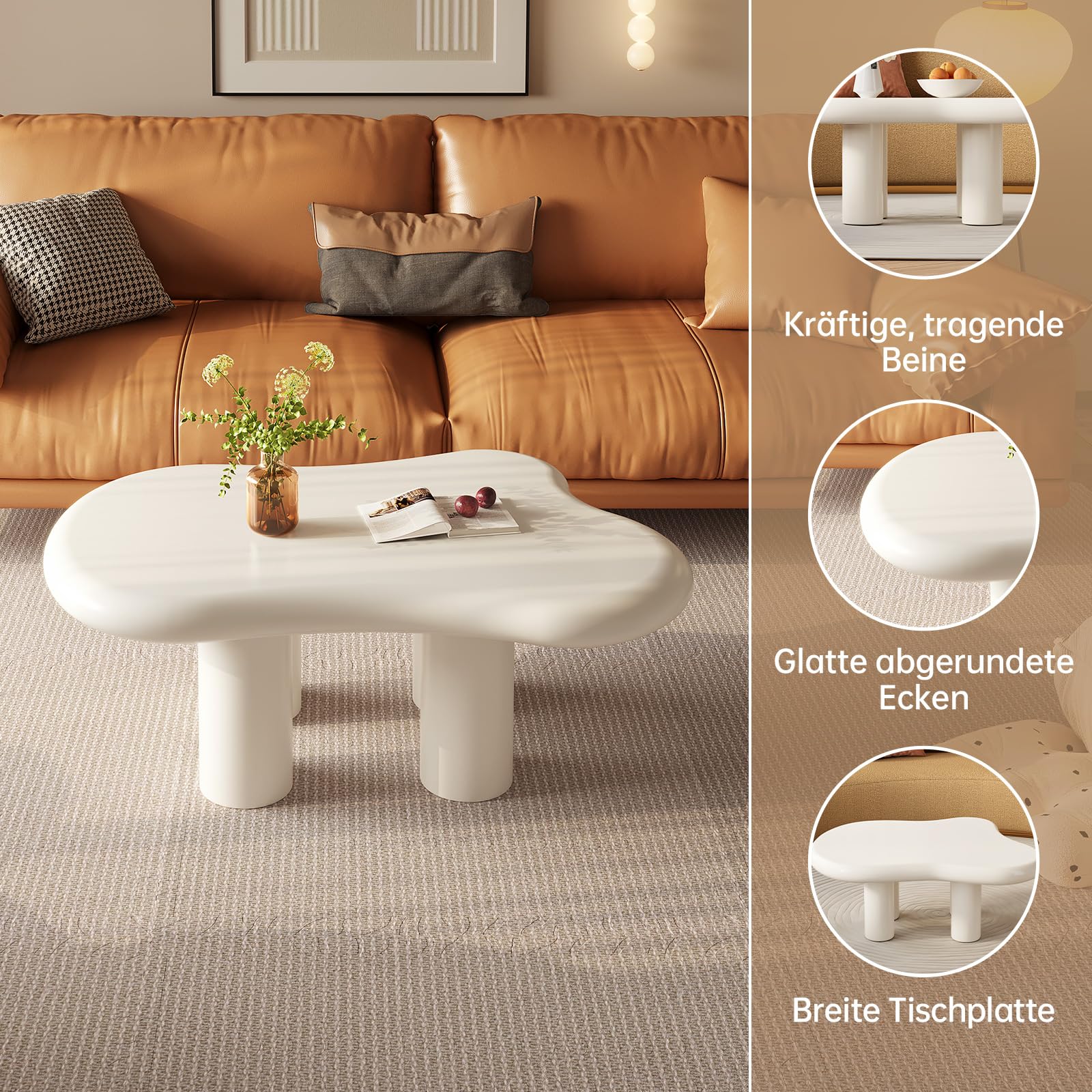 Guyii Weißer Kaffeetisch, Teetisch, Couchtisch, Sofatisch, Wohnzimmereinrichtung – Cremefarbener Cloud-Design Tisch in moderner Wolkenform für Wohnzimmer