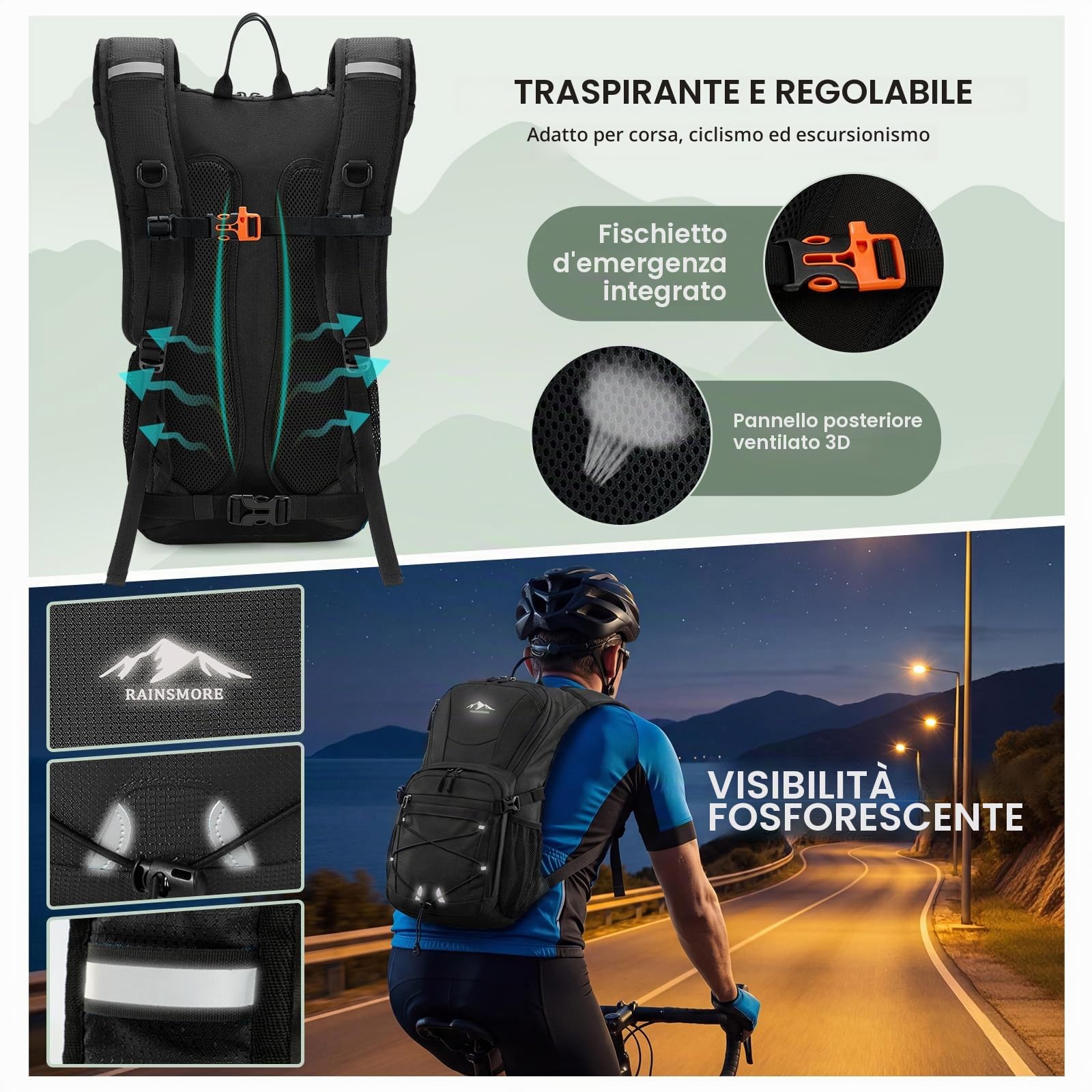 RAINSMORE Zaino per bere con bolla d'acqua, 2 l, leggero, isolato, con parapioggia, per uomo e donna