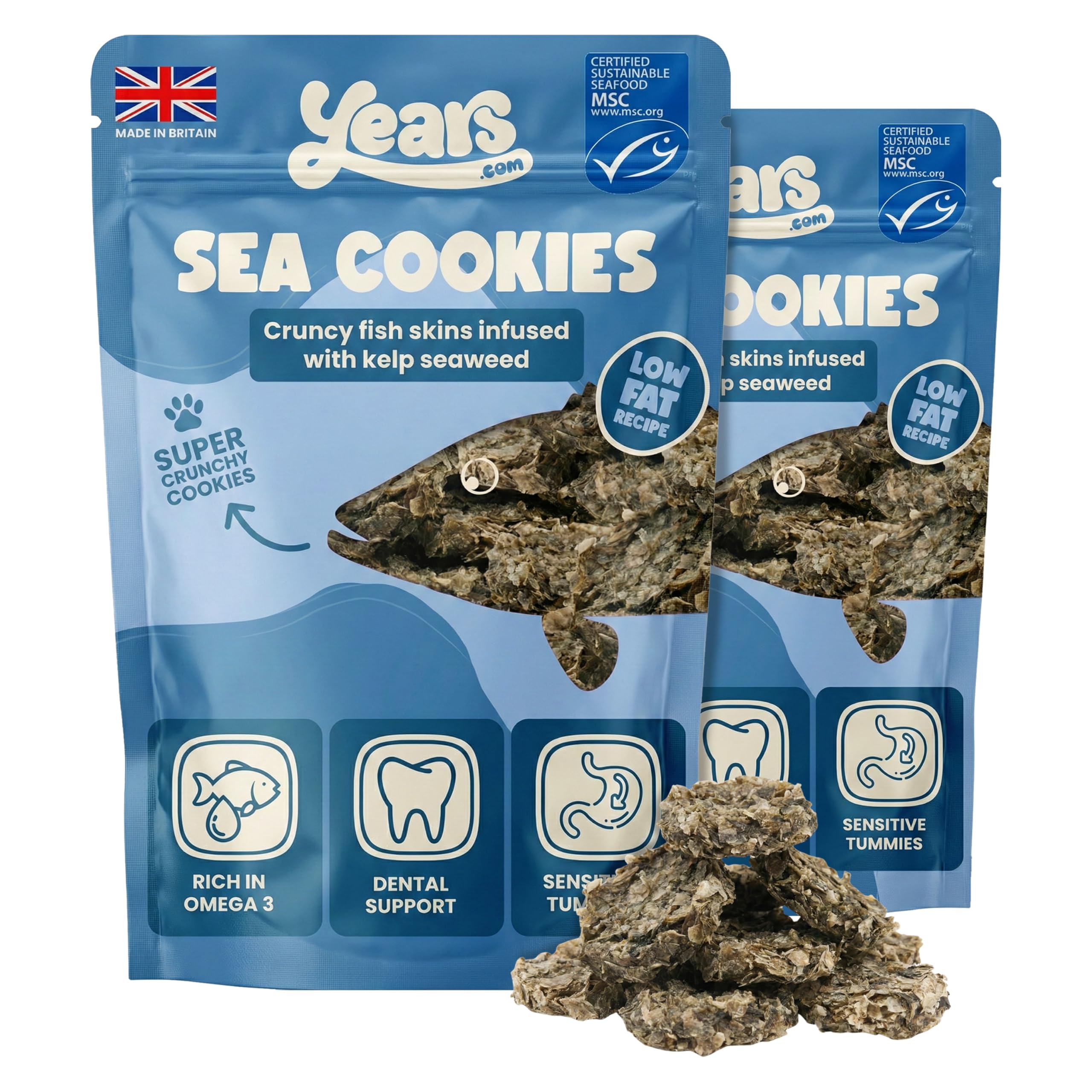 YEARS Sea Cookies Fish Skin Dog Treats | 200g | Crunchy Air Dried Natural Fish Skins with Kelp Rich in Omega-3 & Grain Free