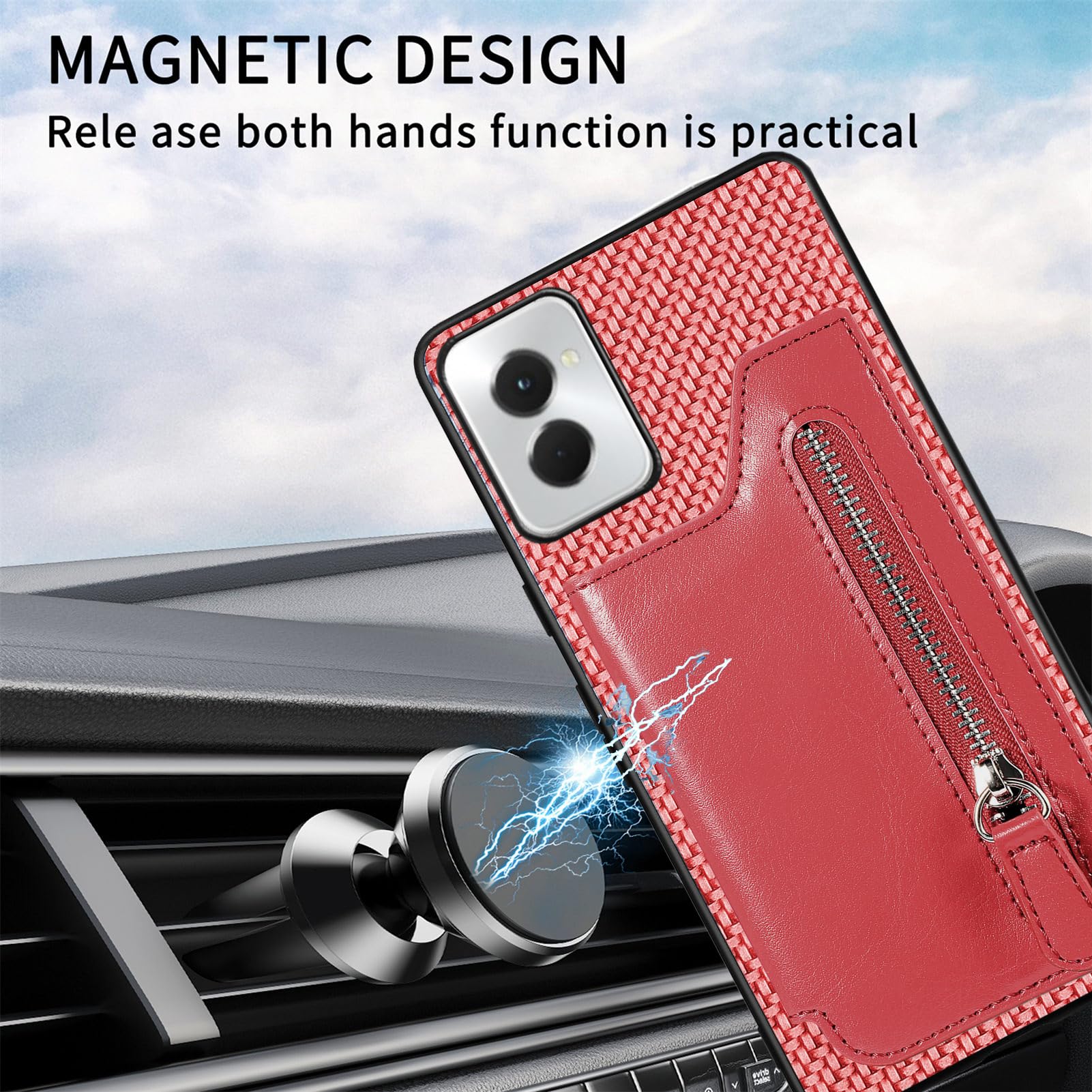 Tuxiwei Card Slots for Motorola Moto G 5G 2024 Case, Moto G 5G 2024 Phone Cover Faux Leather Weave Carbon Fiber Pattern | Flip Zipper Back Wallet Card Holder Support [Magnetic Car Mounts]-Red