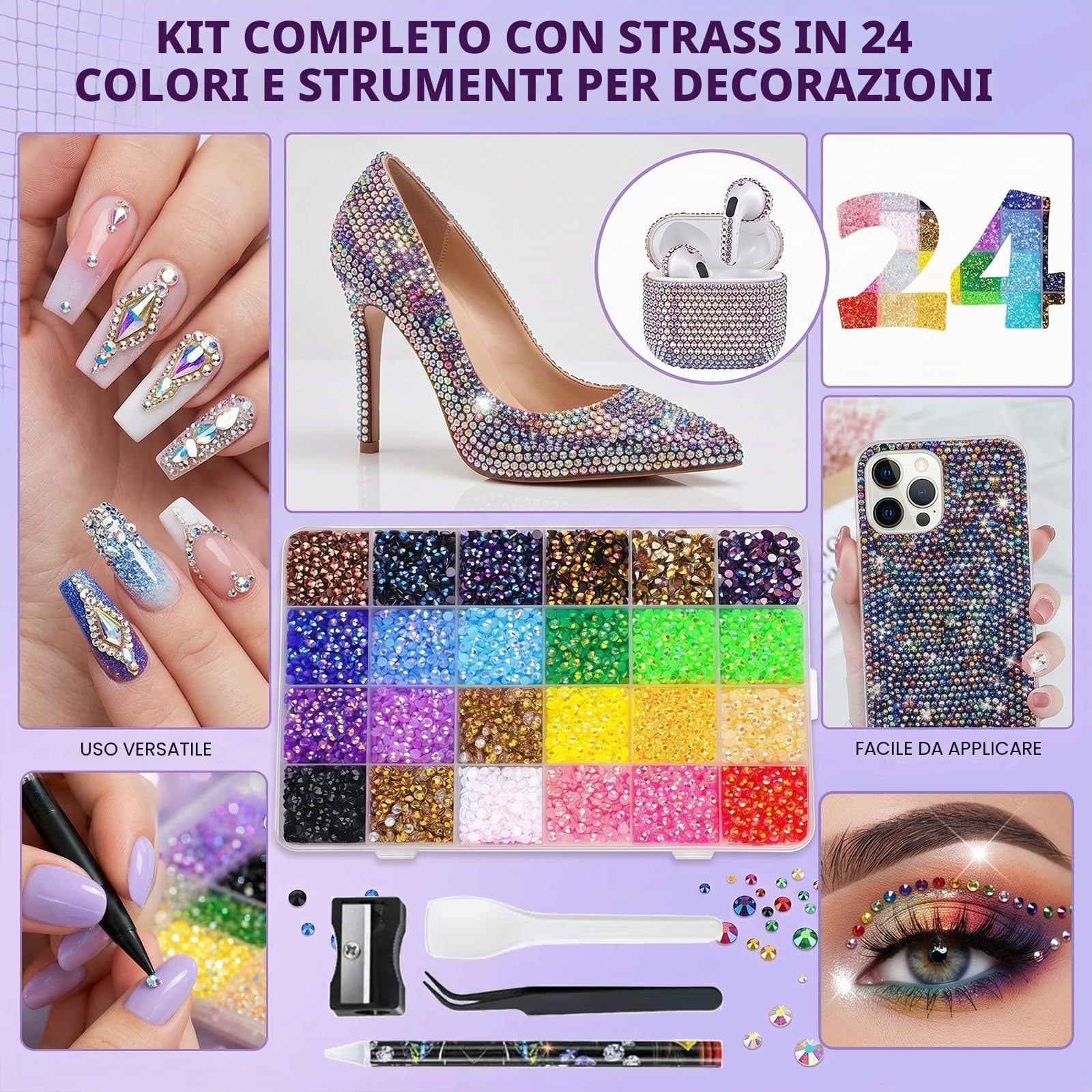Kit Bedazzler Strass per Unghie Kit di Decorazione con Pietre Glitter da 3 mm Pinzette e Set di Strumenti Strass in Resina Jelly a Base Piatta per NailArt Fai da Te Tessuti e Diamond Painting 24Colori
