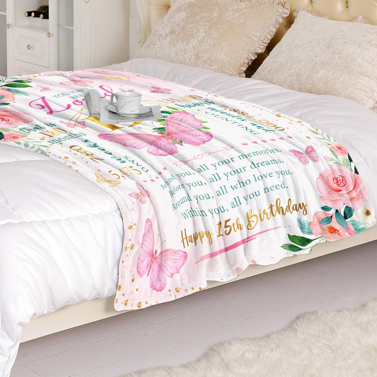 Birthday Gifts for 15 Year Old Girl Throw Blanket 60"x50", Quinceanera Gifts for Girl, 15th Birthday Gift Ideas for Teen Girls,15th Birthday Gifts, Quinceanera, Sweet 15