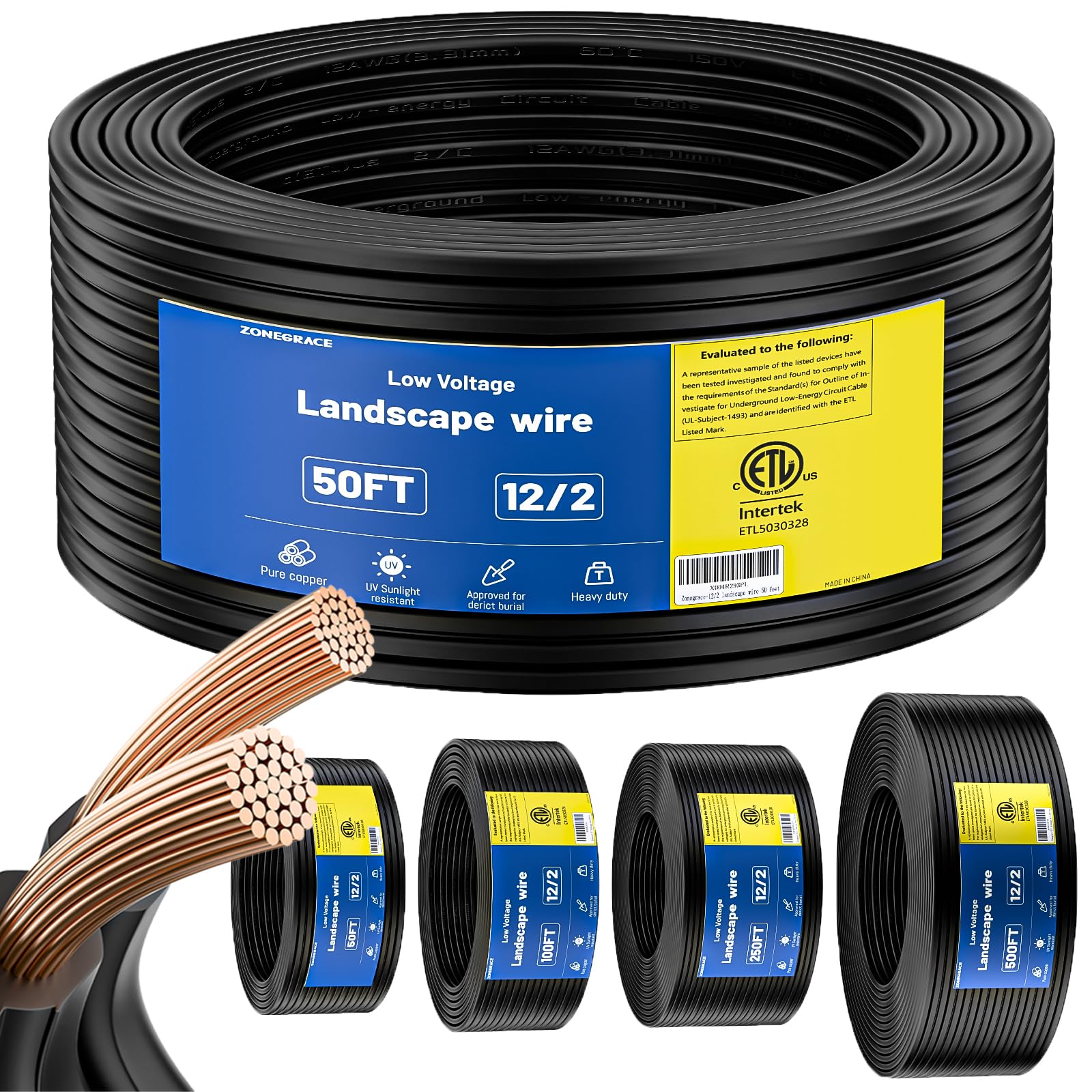 ZONEGRACE Kabel krajobrazowy niskiego napięcia 12/2 12/2 z certyfikatem ETL kabel krajobrazowy oplot z czystą miedzią (65 x 0,254 mm), kabel krajobrazowy niskiego napięcia