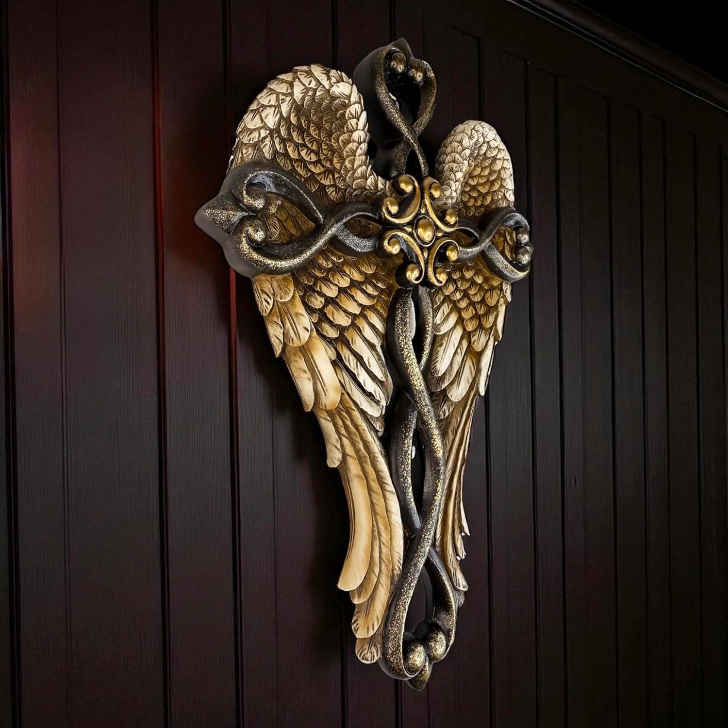 Top Brass Angel Wing Wall Cross – 12” Decorative Resin Cross with Sculpted Guardian Angel Wings – Inspirational Christian Jesus Art for Home, Prayer Room, or Memorial