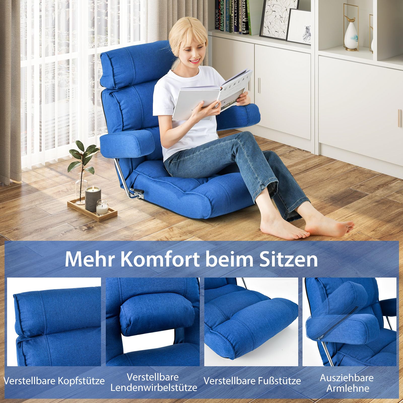 GOPLUS Bodenstuhl, Relaxliege mit Armlehne & Verstellbarer Rückenlehne, Bodensessel mit Schlaffunktion, Relaxsessel Meditationsstuhl Bodensofa für Zuhause & Büro (Blau)
